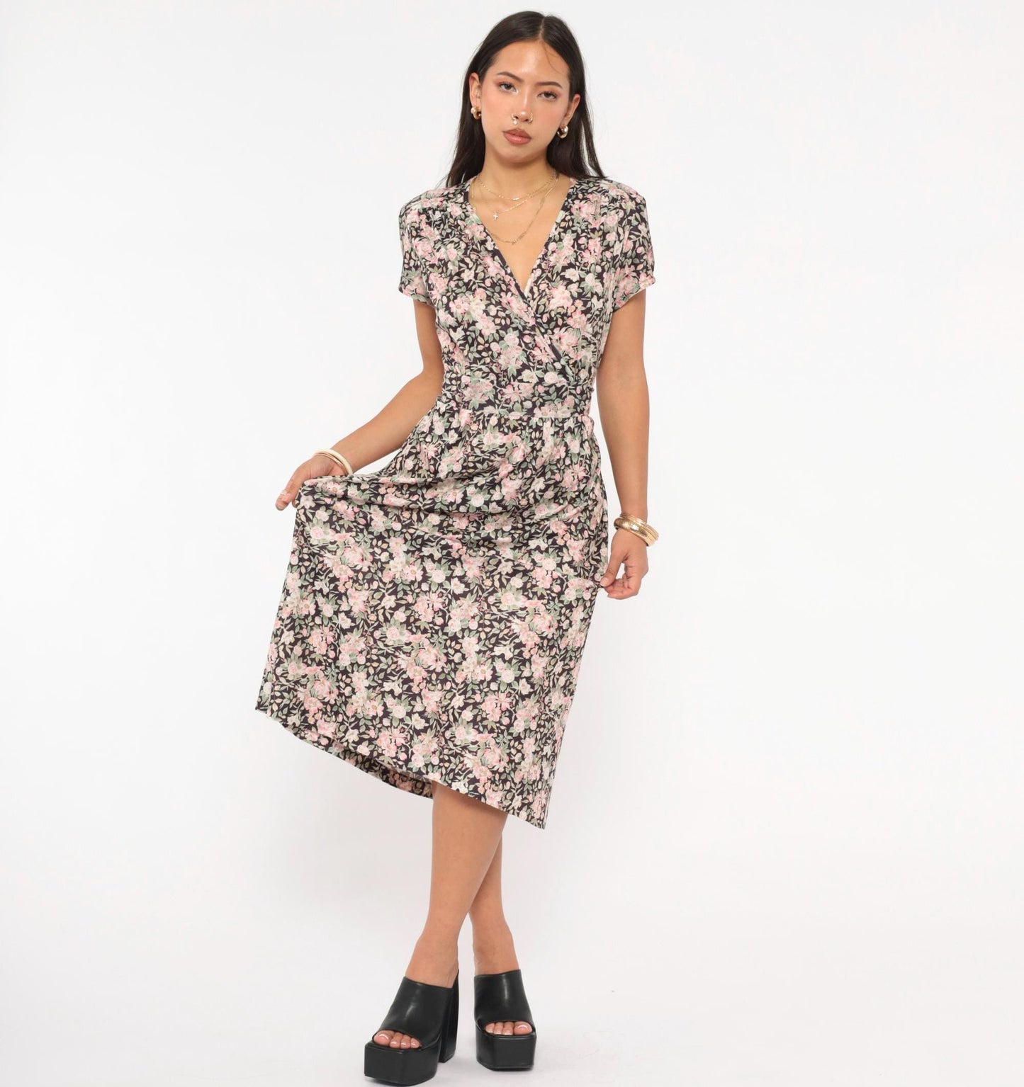 90s Mr. Duval Floral Wrap Dress Midi Garden Print Brown Pink Large L