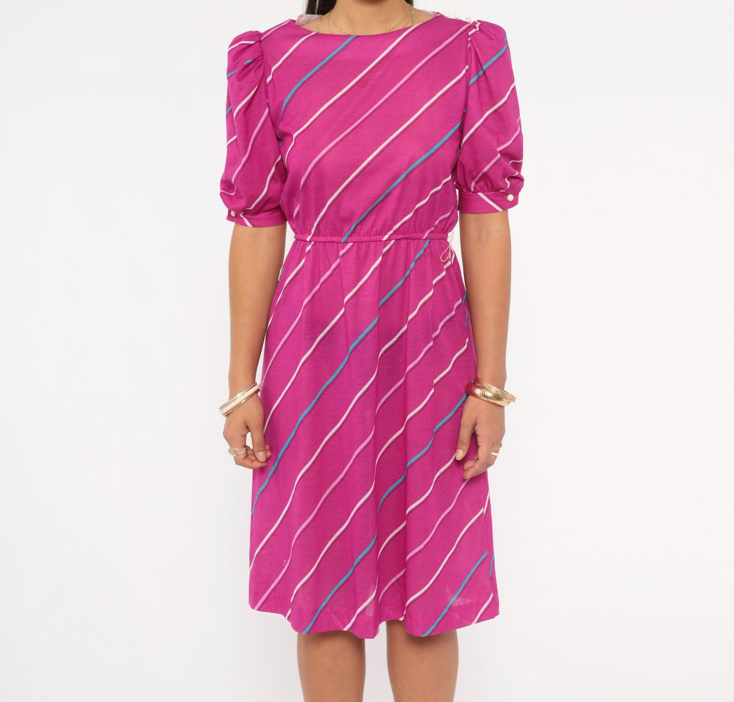 80s Joni Blair Magenta Striped Dress Puff Sleeve Boat Neck Knee Length Small