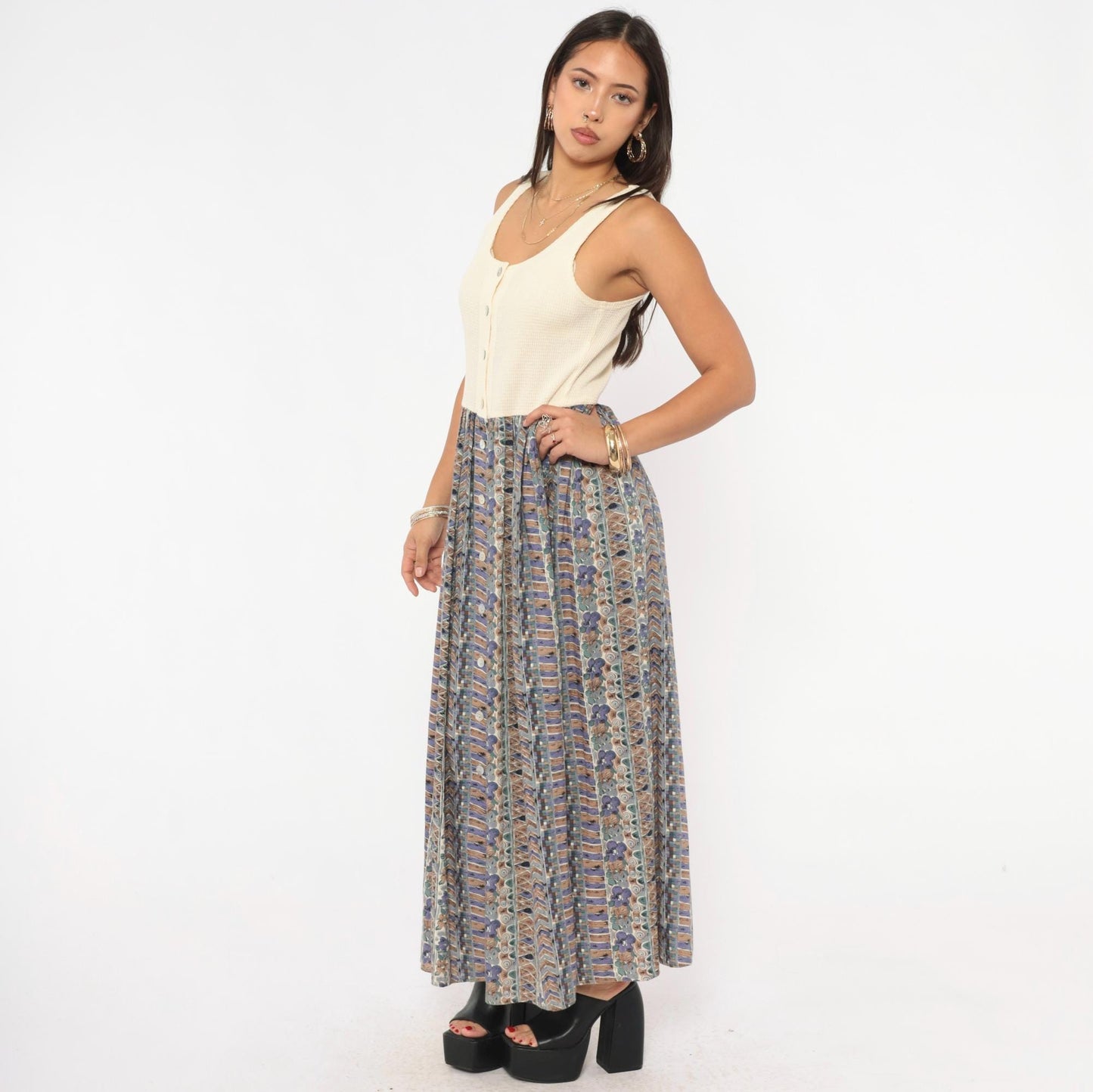 90s Ultimate Blues Maxi Dress Cream Waffle Knit Floral Skirt Medium