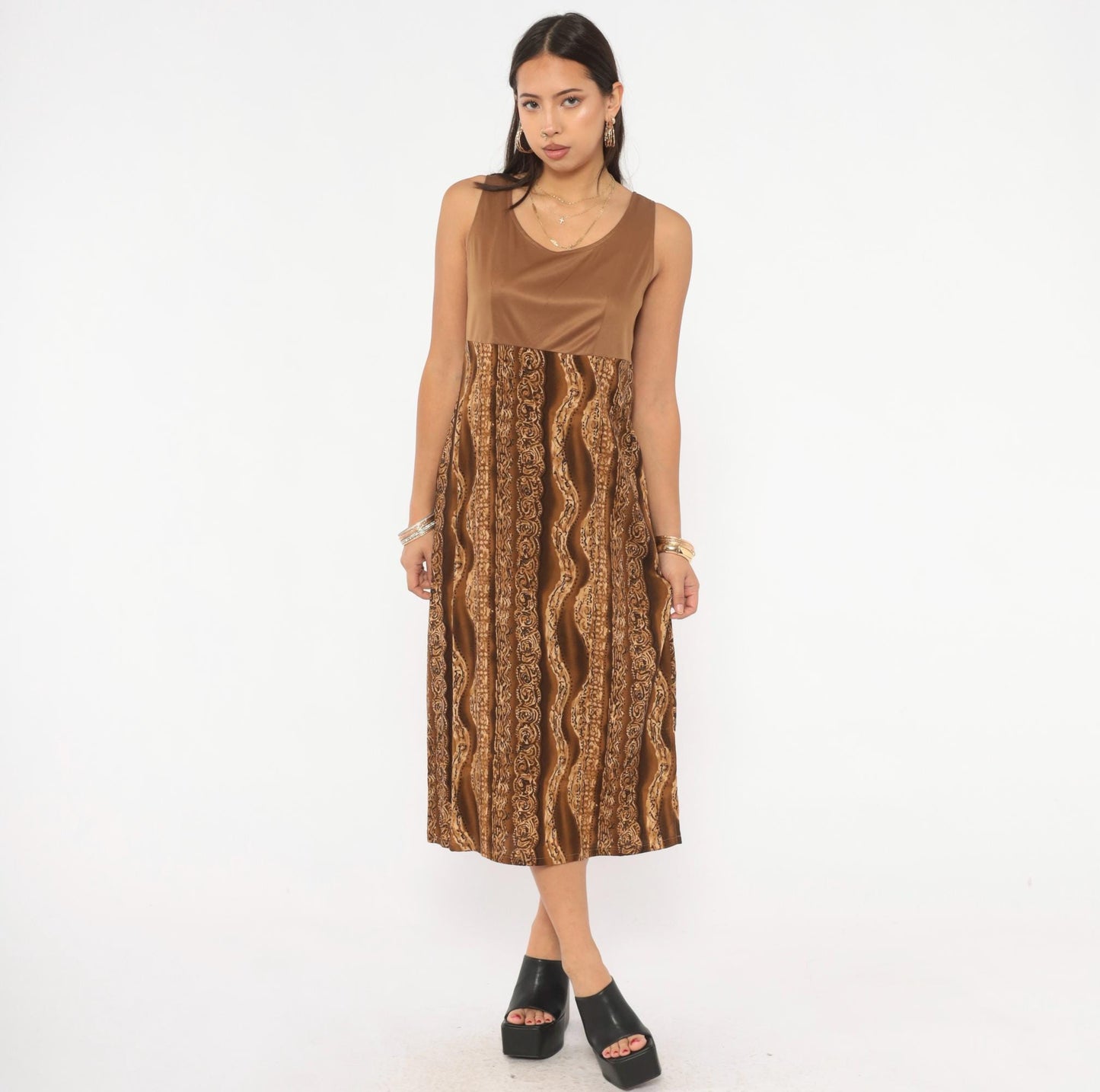 90s Molly Malloy Midi Dress Brown Tan Tribal Print Empire Waist Small