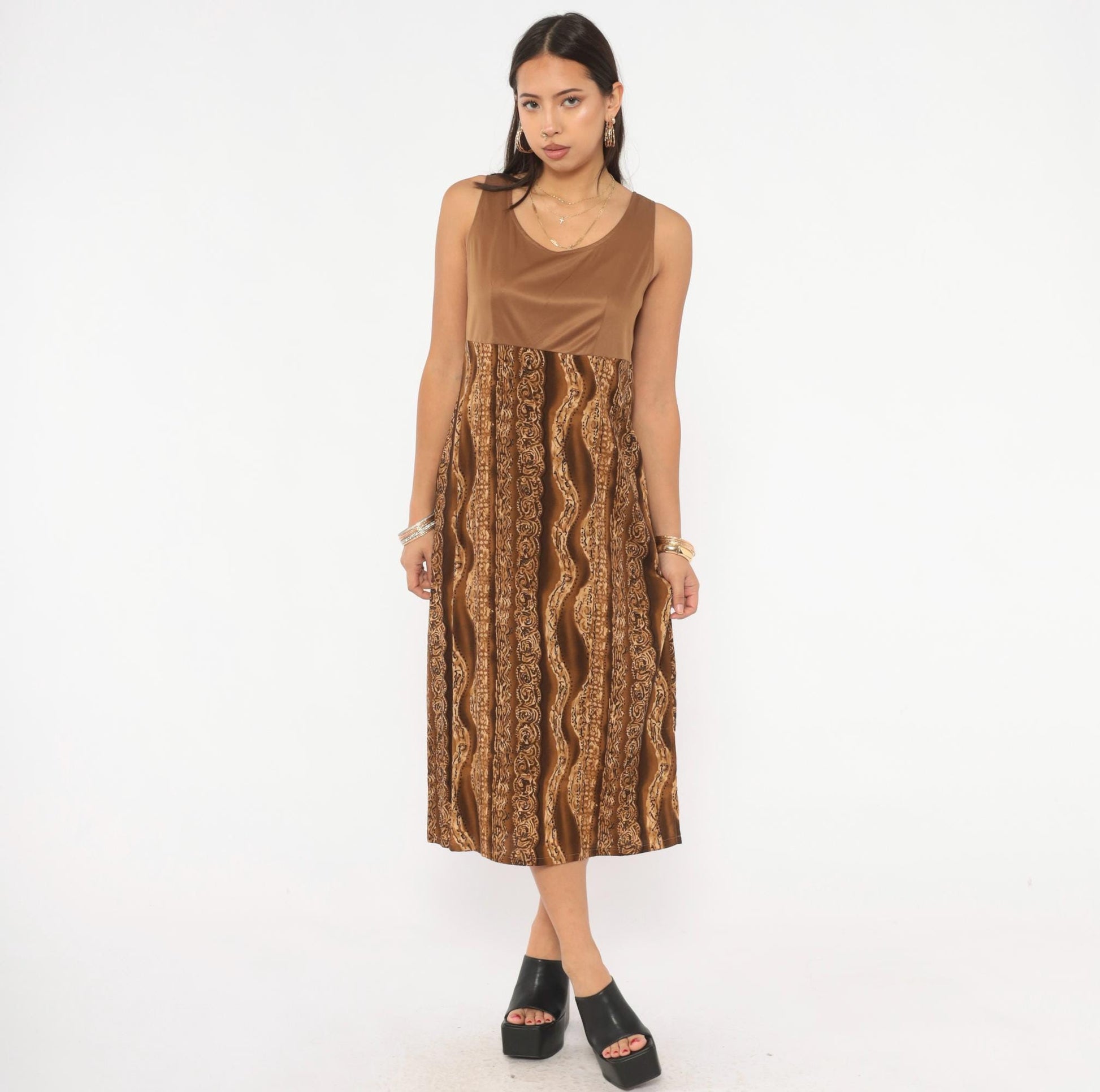 90s Molly Malloy Midi Dress Brown Tan Tribal Print Empire Waist Small