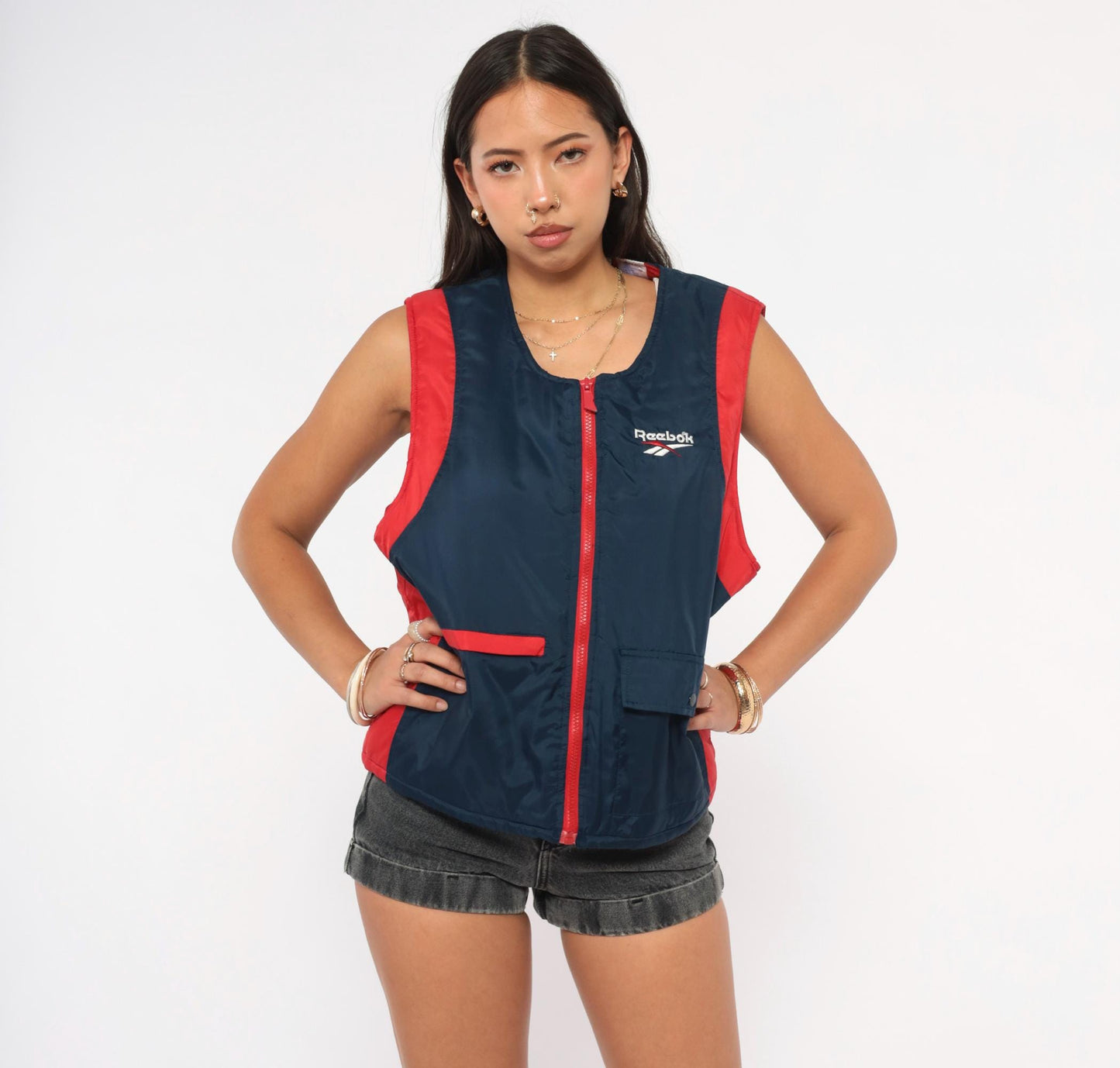 90s Reebok Colorblock Puffer Vest Navy Red Embroidered Logo Large L