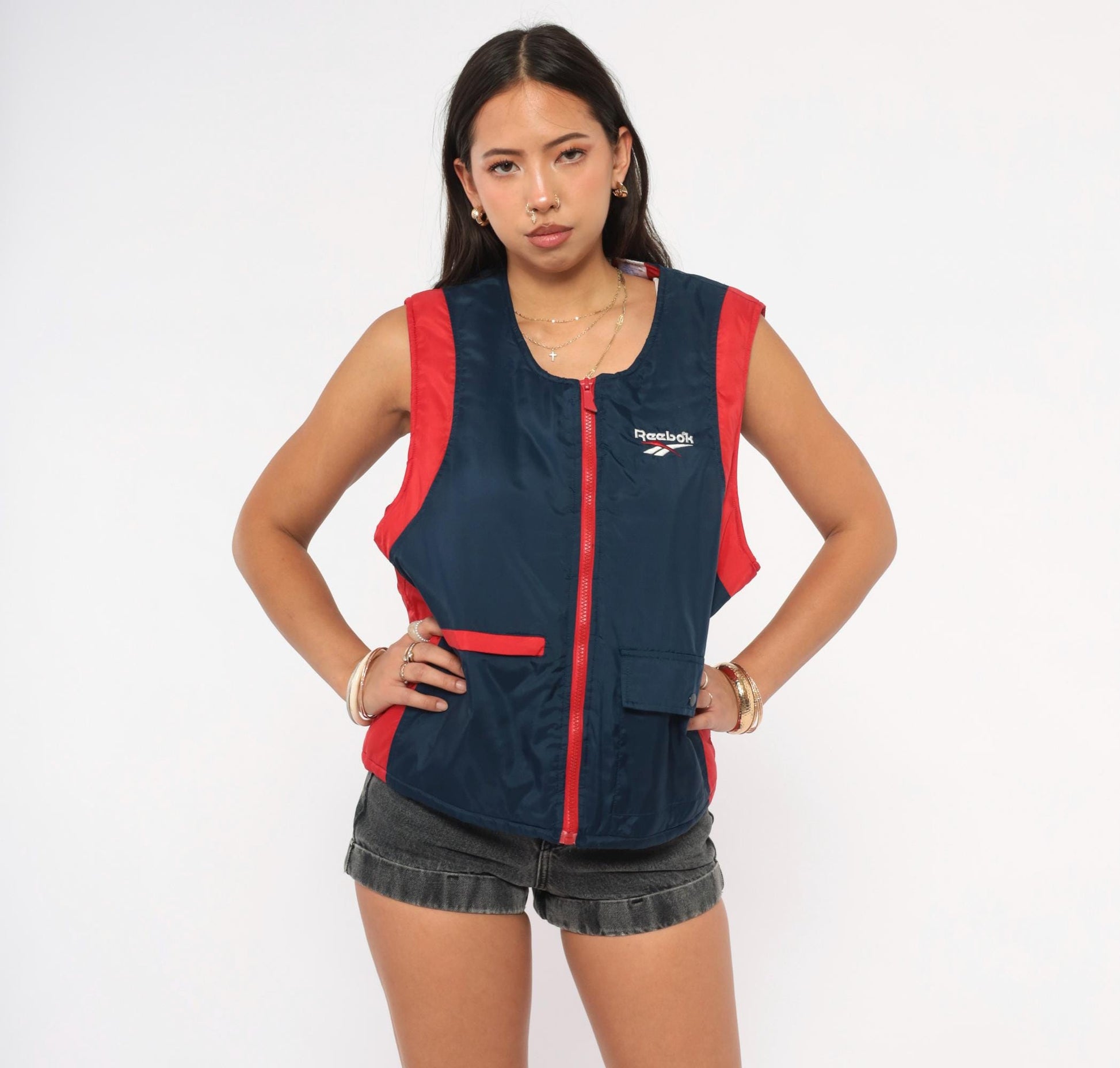 90s Reebok Colorblock Puffer Vest Navy Red Embroidered Logo Large L