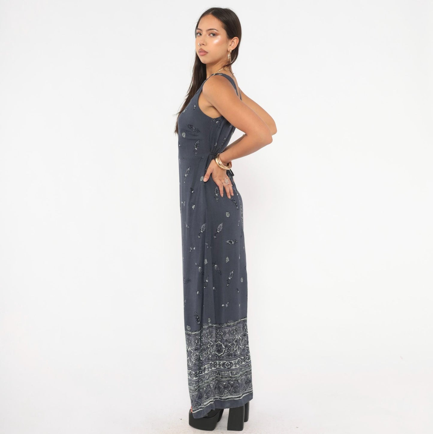 90s CDC Grey Floral Maxi Dress Tie Back Tank Small S