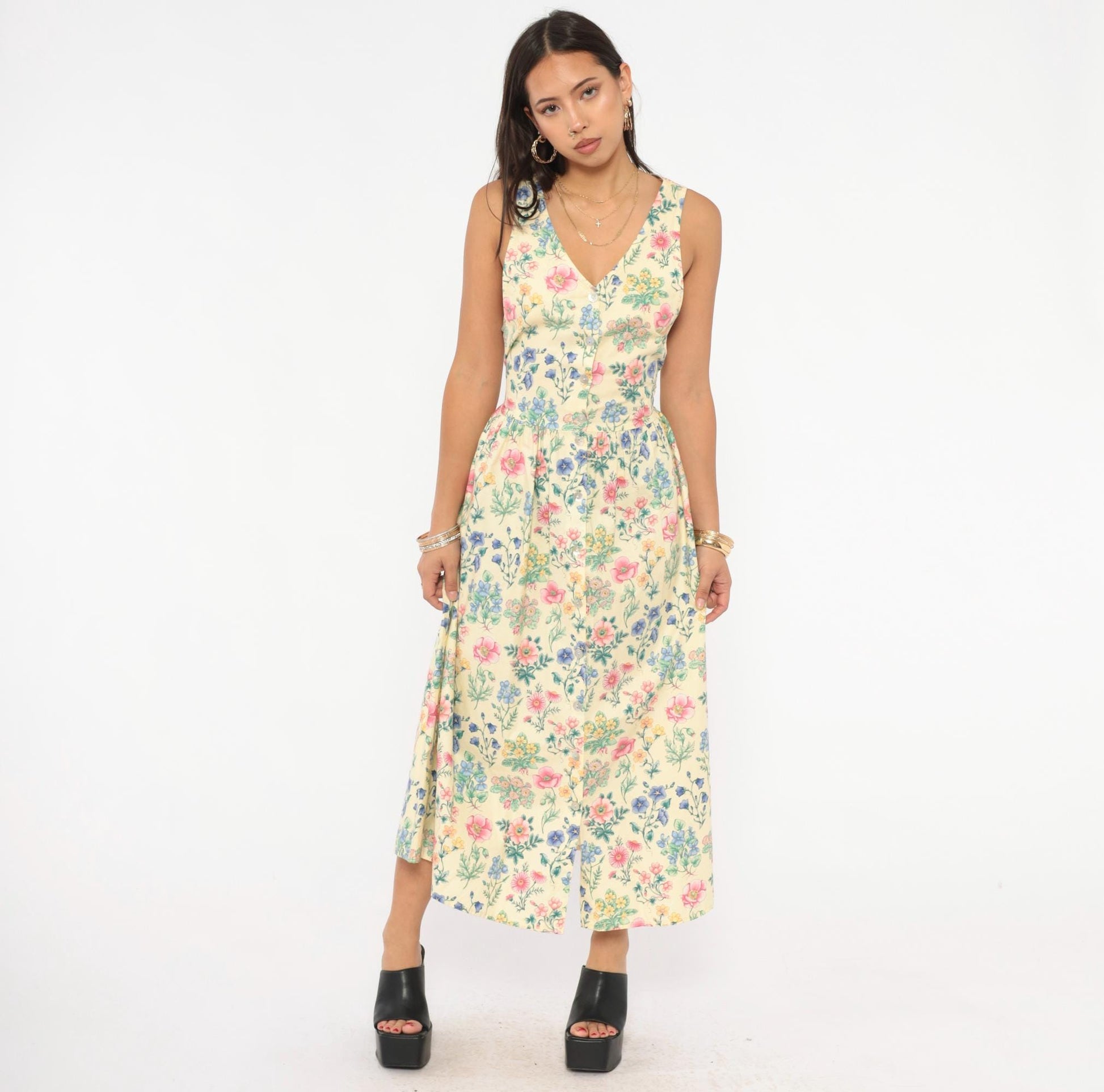90s Faith Mountain Company Botanical Midi Dress Butter Yellow Floral V-Neck Small
