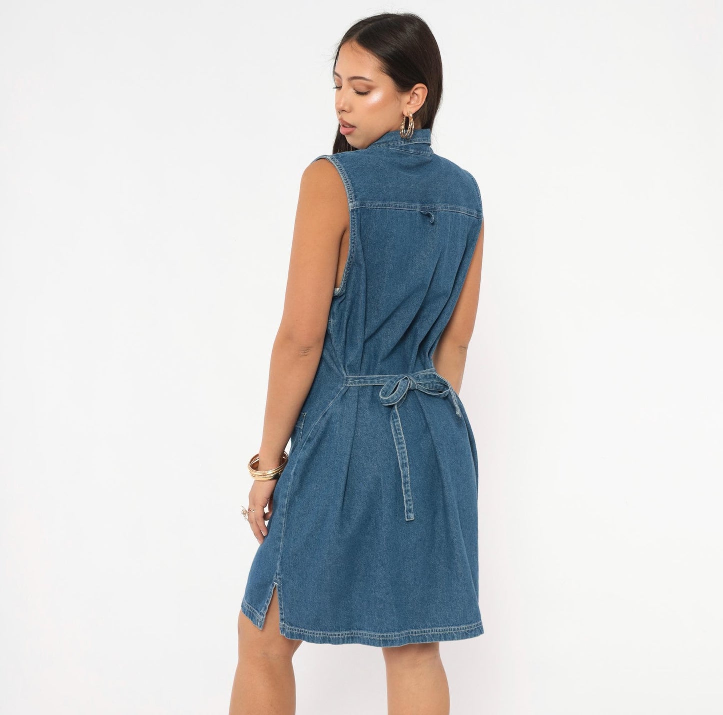 90s Denim Shift Dress Sleeveless Button Front Blue Jean Medium Large