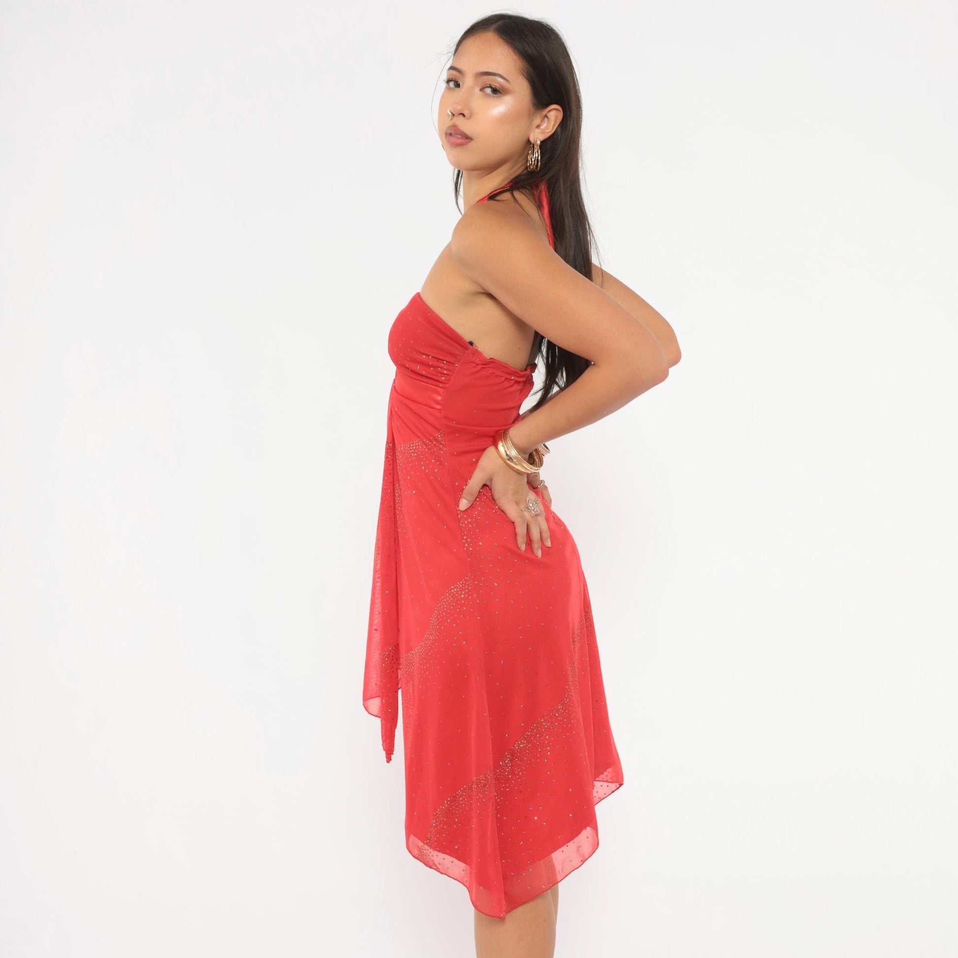 Y2K Red Halter Mini Dress Glitter Rhinestone Chiffon Extra Small XS