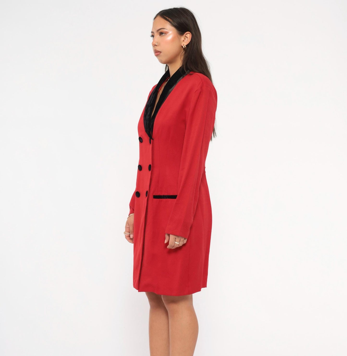 90s Scarlett Red Double Breasted Blazer Dress Velvet Collar Knee Length Small