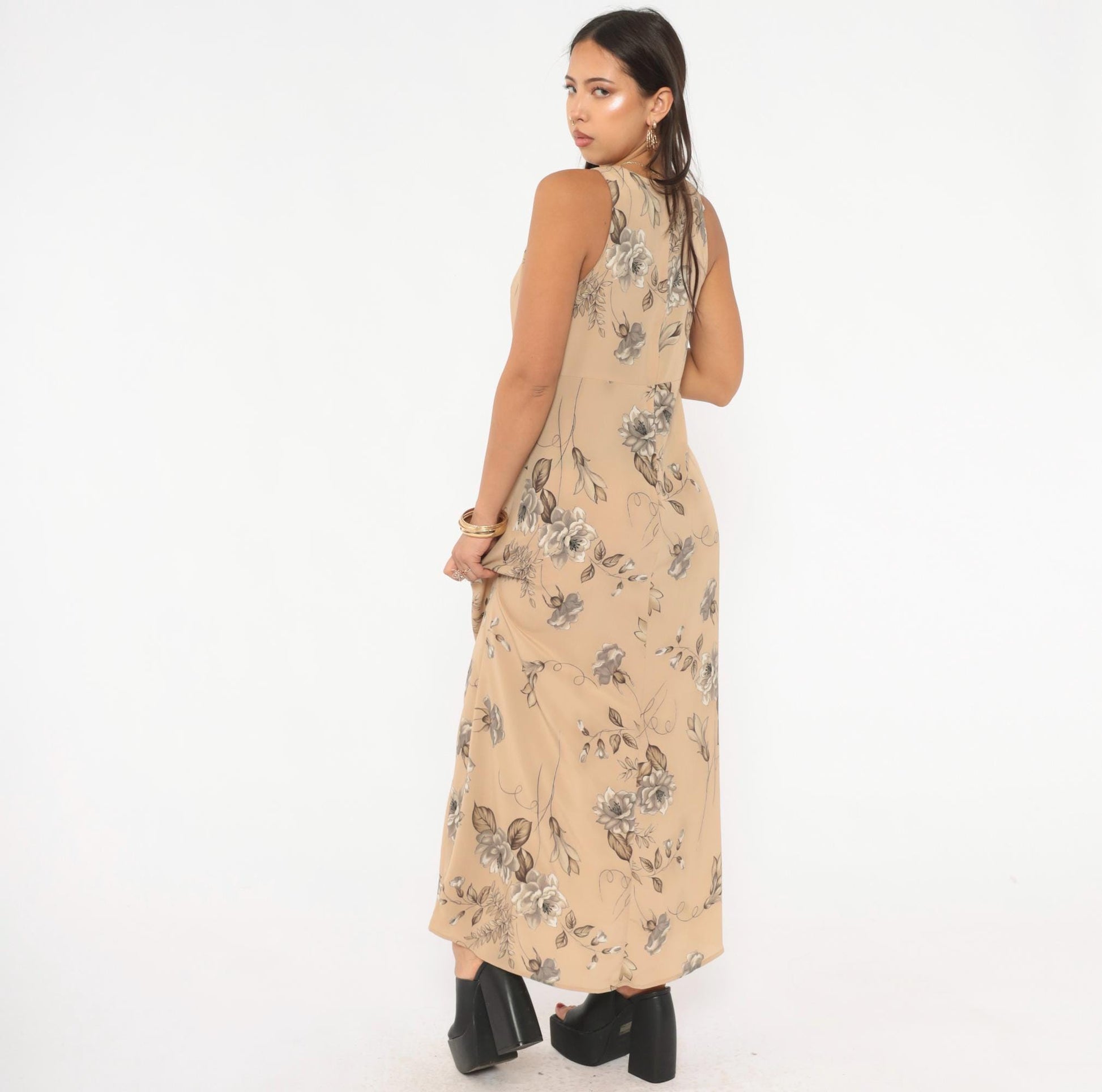 90s Byer Too! Floral Maxi Dress Beige Taupe Sleeveless Medium M