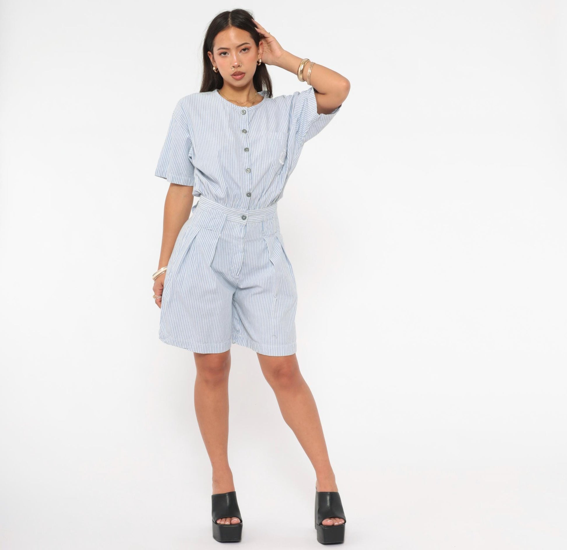 80s FADS Blue White Pinstripe Cotton Romper Pleated High-Rise Small S