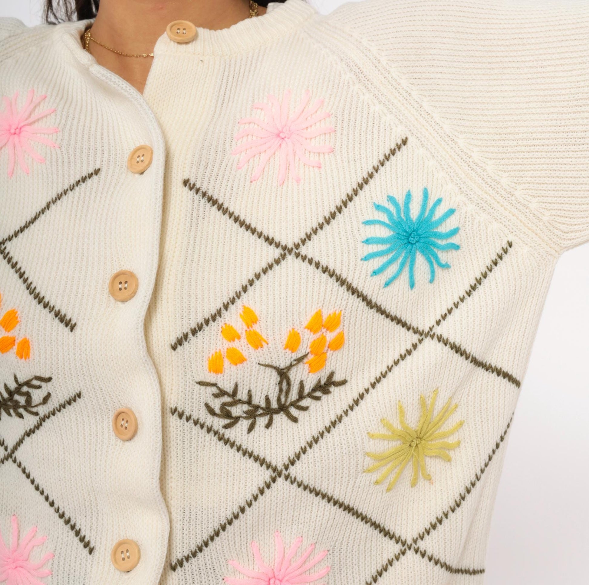 60s Embroidered Floral Cardigan Cream Knit Raglan Wooden Buttons Medium