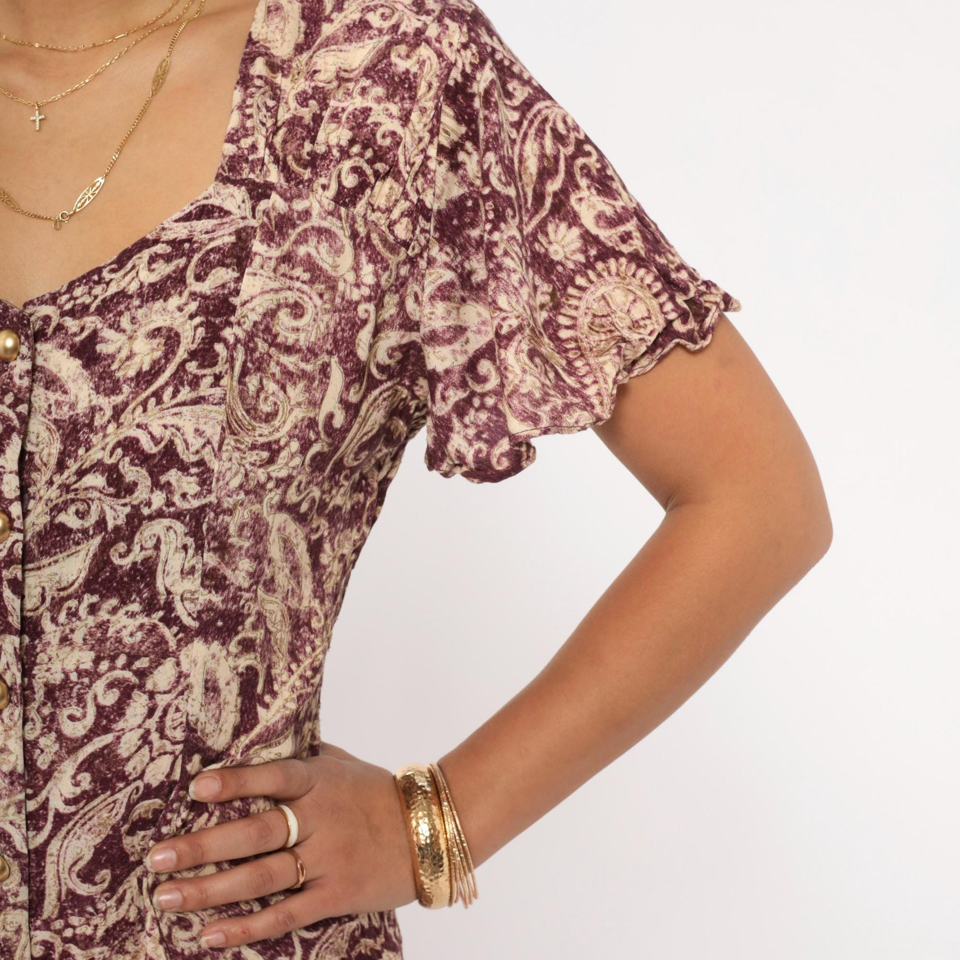 90s Caroline Wells Paisley Romper Burgundy Cream Flutter Sleeve Small