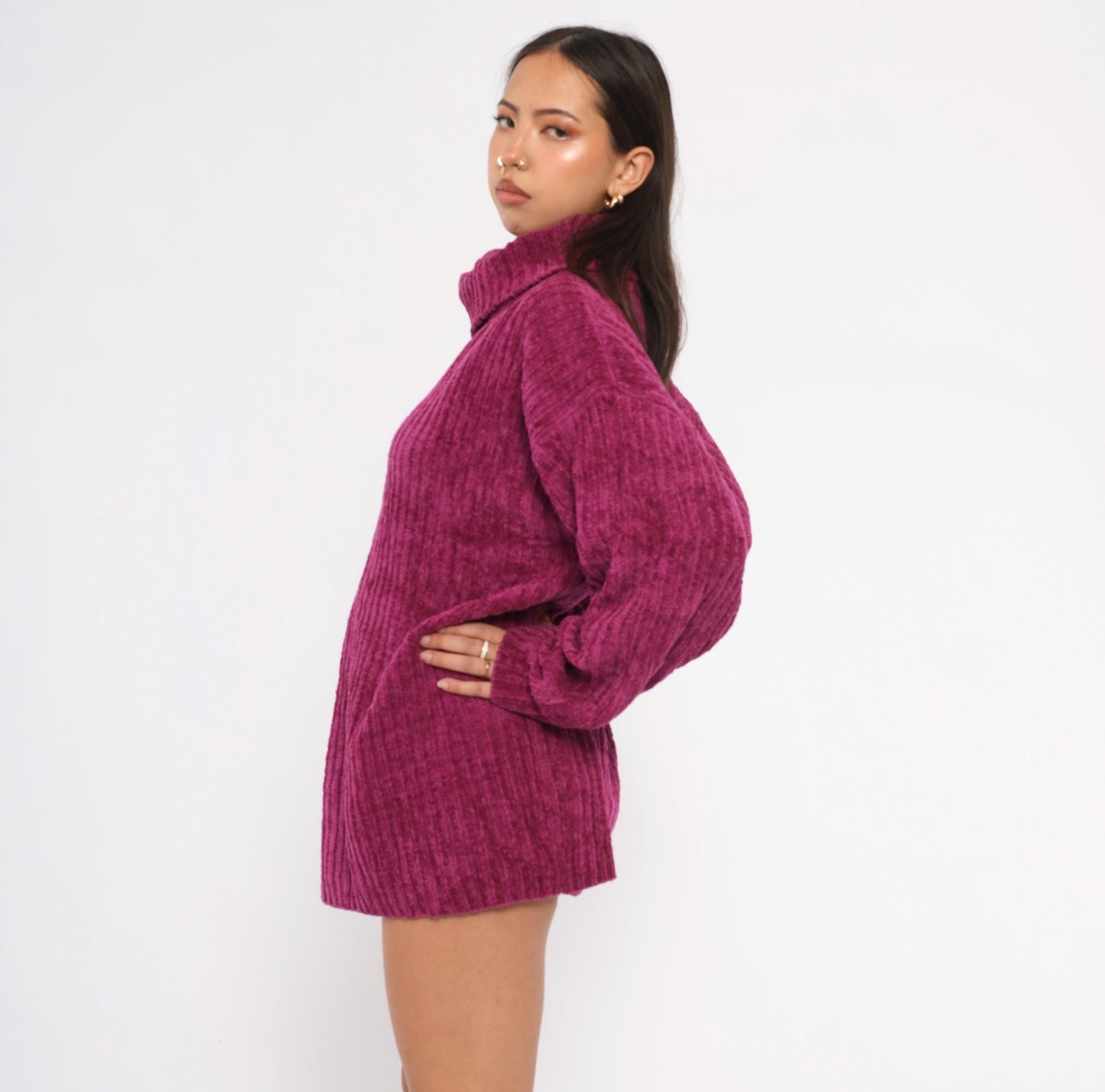 80s Knitwear Magenta Chenille Turtleneck Ribbed Knit Sweater Large L