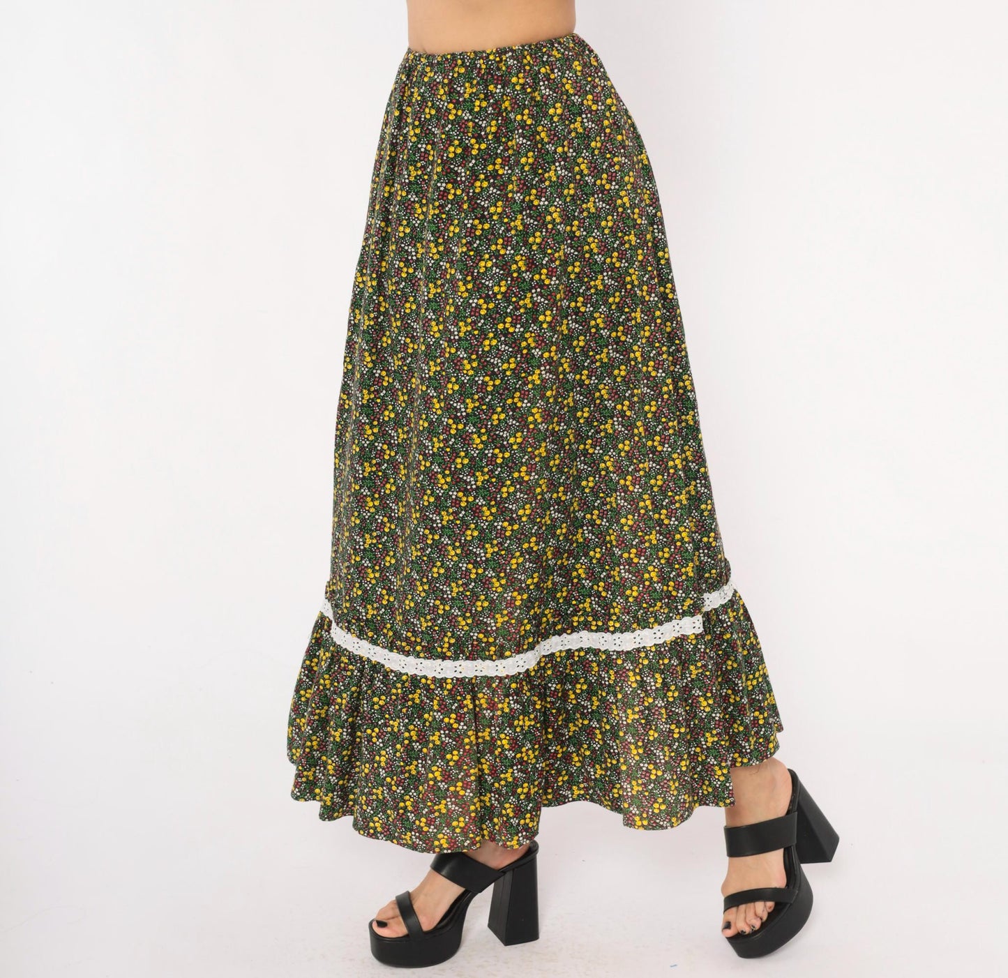70s Black Ditsy Floral Maxi Skirt Cotton Ruffle Eyelet Lace Trim Extra Small
