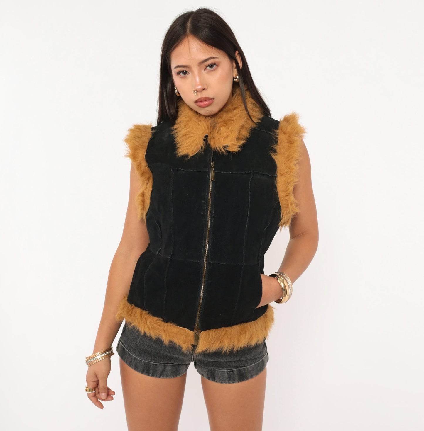 Y2K Jennyfer J Black Leather Vest Tan Faux Fur Trim Zip Front Medium