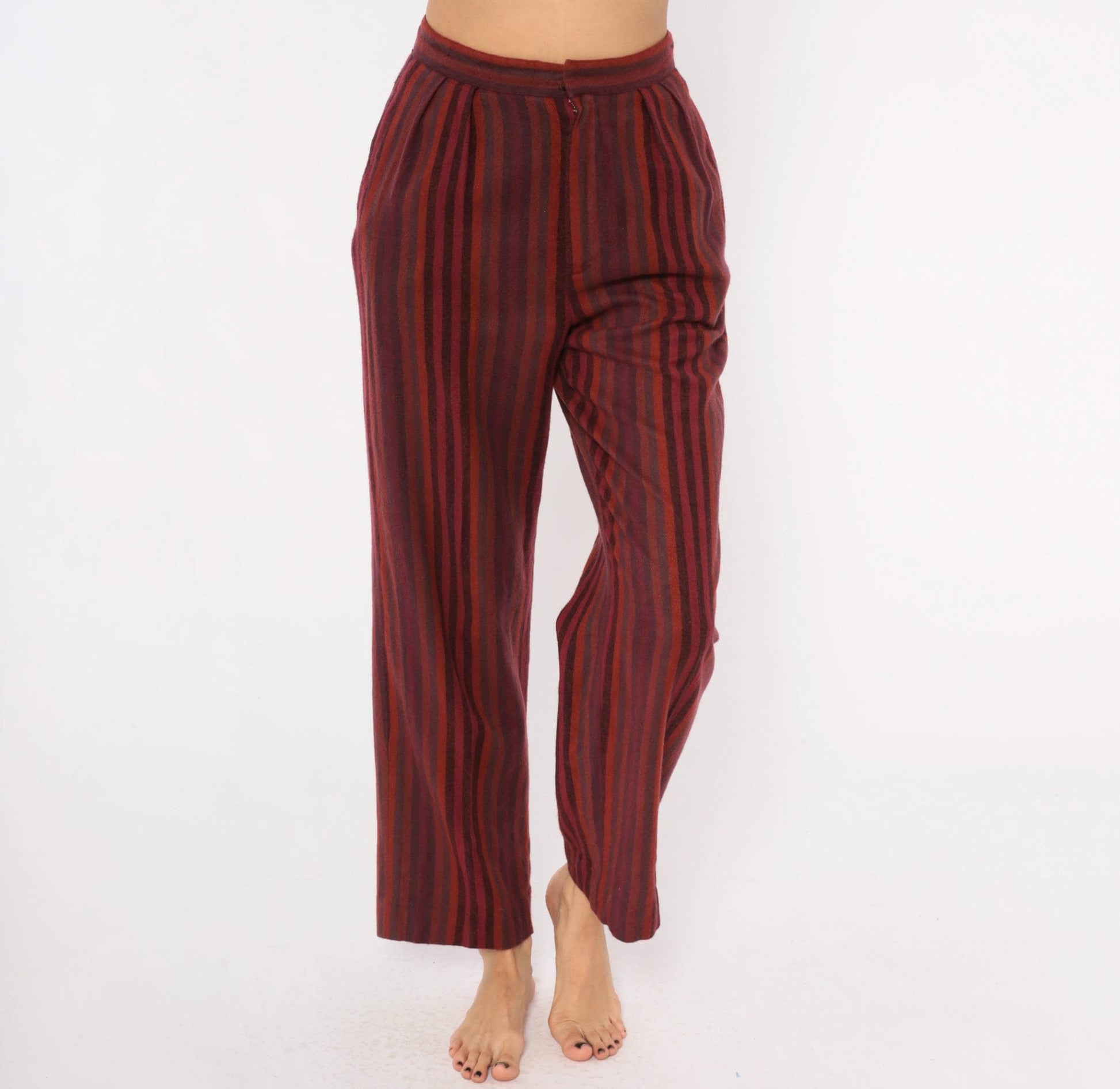 70s Burgundy Striped High Waist Tapered Trousers Pleated Front Small