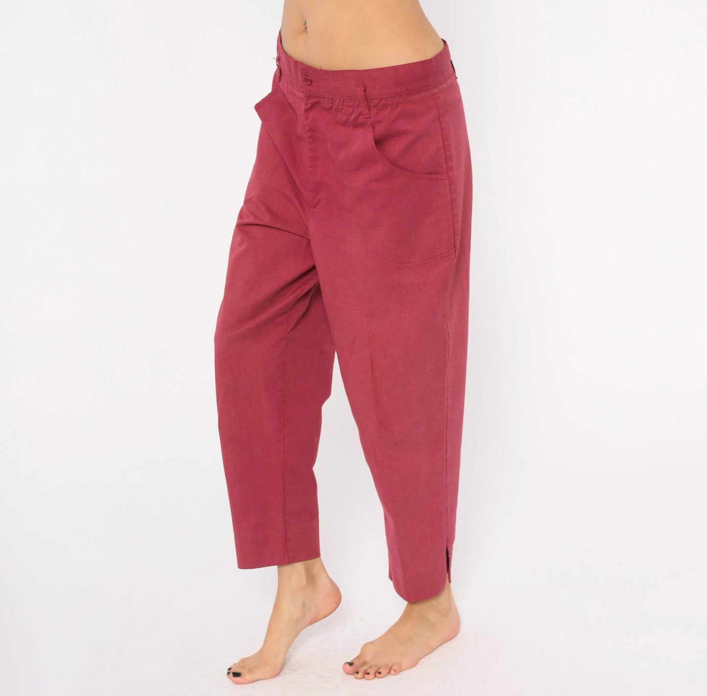 80s Double Take Burgundy Tapered Trousers Cropped Ankle Cotton Blend Women's 33