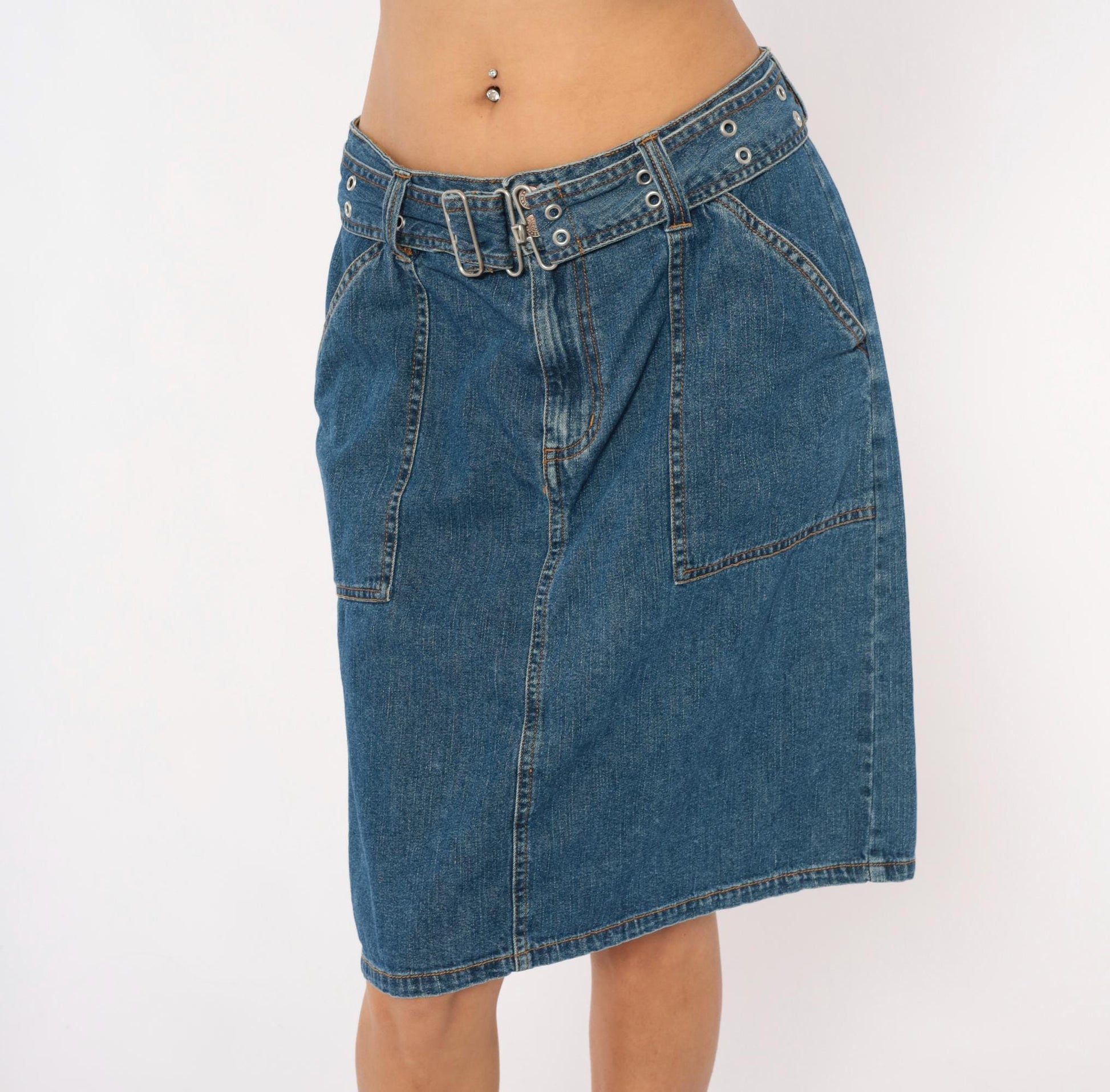 2000s Bill Blass Belted Denim Mini Skirt Indigo Cotton Medium M