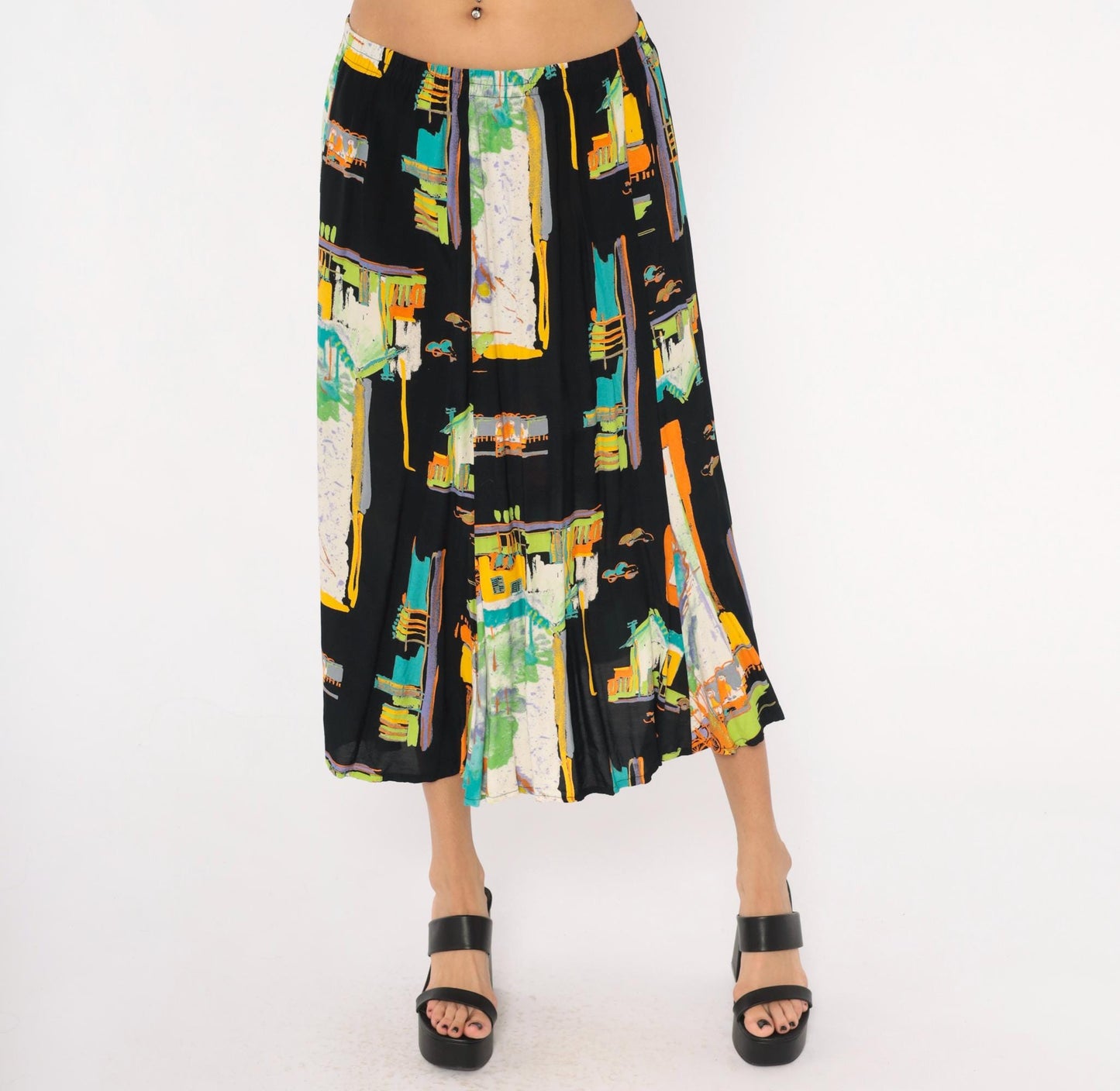 90s Sharon Anthony Maxi Skirt Cityscape Print Black Teal Orange Extra Large