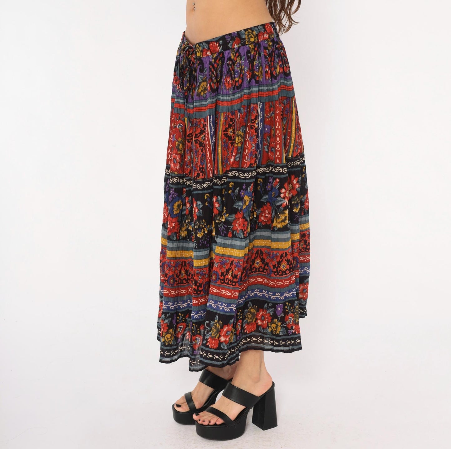 90s Phool Tiered Maxi Skirt Floral Geometric Print Cotton Plus Size 3X