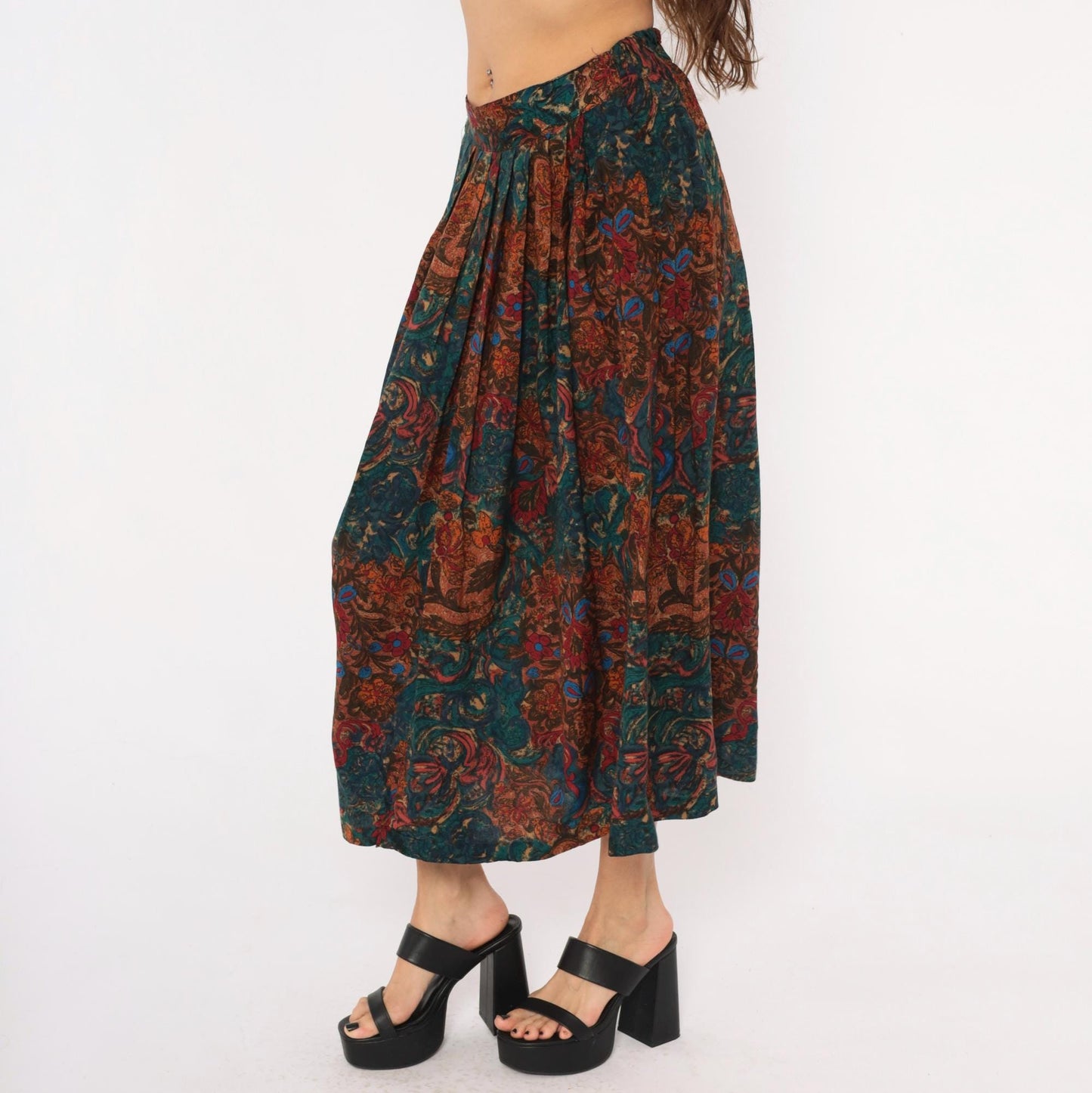 80s Ambiance New York Paisley Pleated Midi Skirt Teal Rust Small