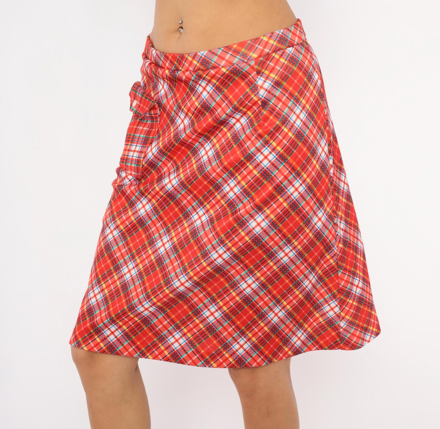 70s Red Tartan Plaid Skort A-Line Knee Length Built-In Shorts Medium Large