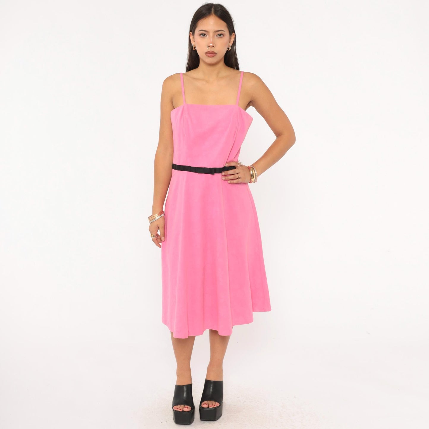 2000s Catherine Stewart Pink Floral Jacquard Sundress Black Bow Medium M
