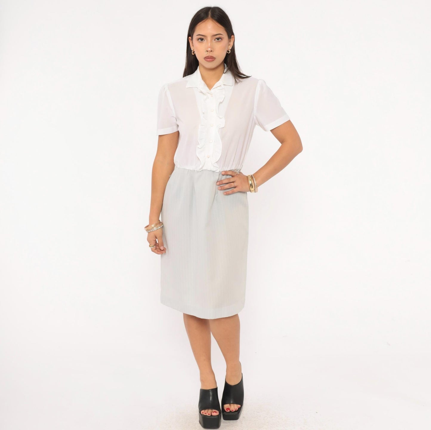 80s Two-Tone Shirtdress White Ruffle Pinstripe Grey Puff Sleeve Small Medium