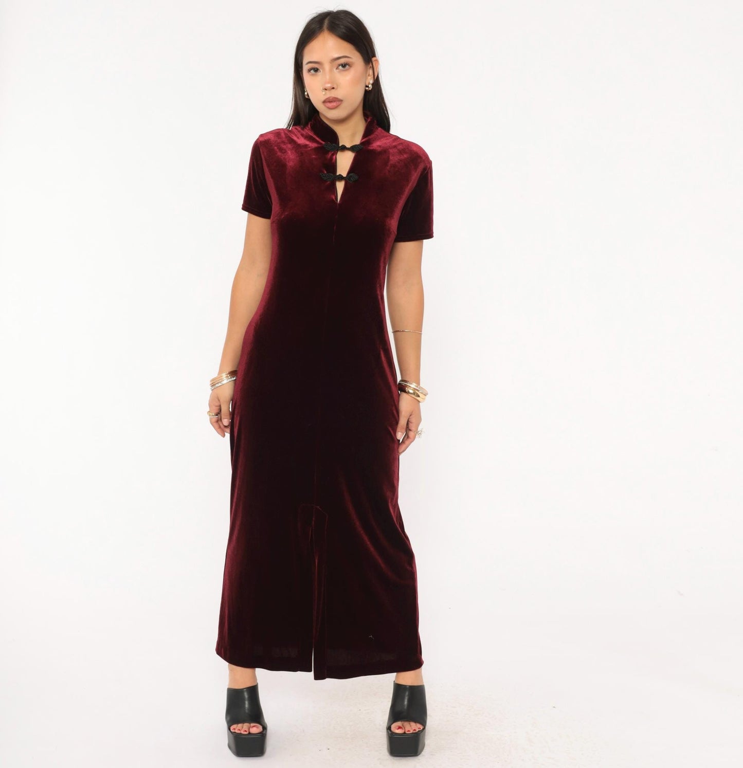 90s Dressing Clio Burgundy Velvet Cheongsam Maxi Dress Mandarin Collar Medium M