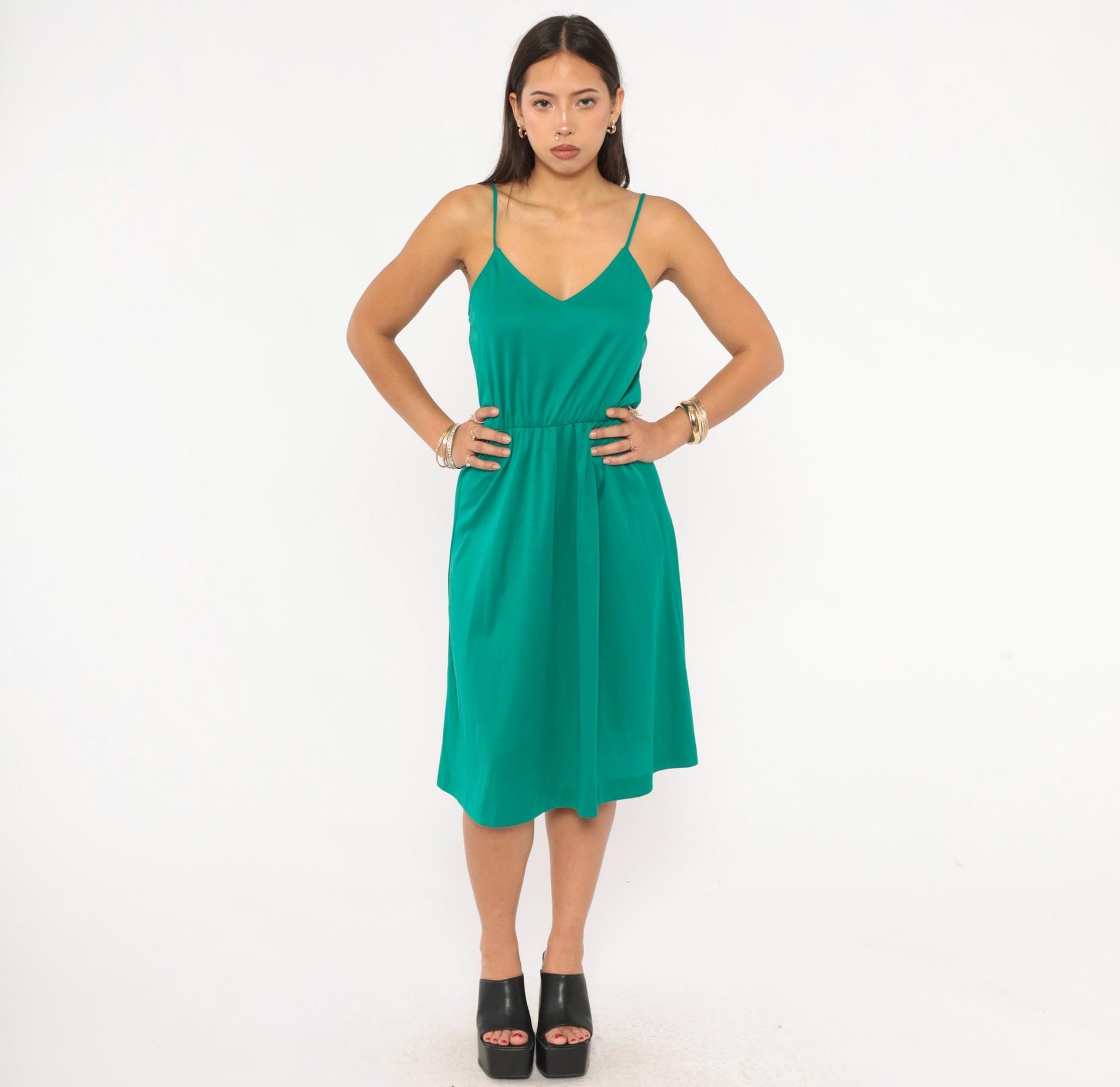 70s Teal Spaghetti Strap Sundress V Neck Gathered Waist Knee Length Extra Small