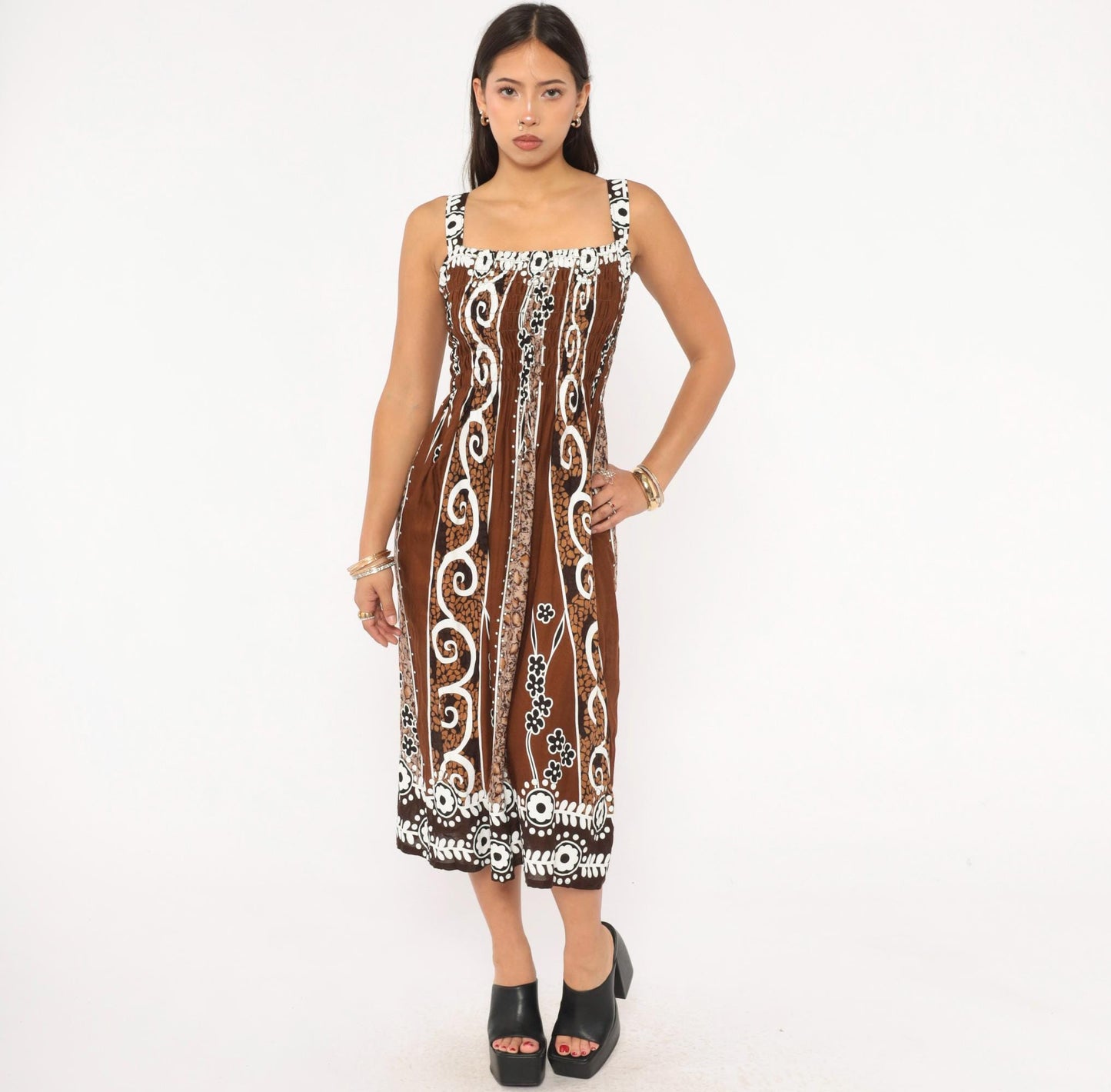 2000s Batik Sundress Brown White Floral Square Neck Cutout Small Medium