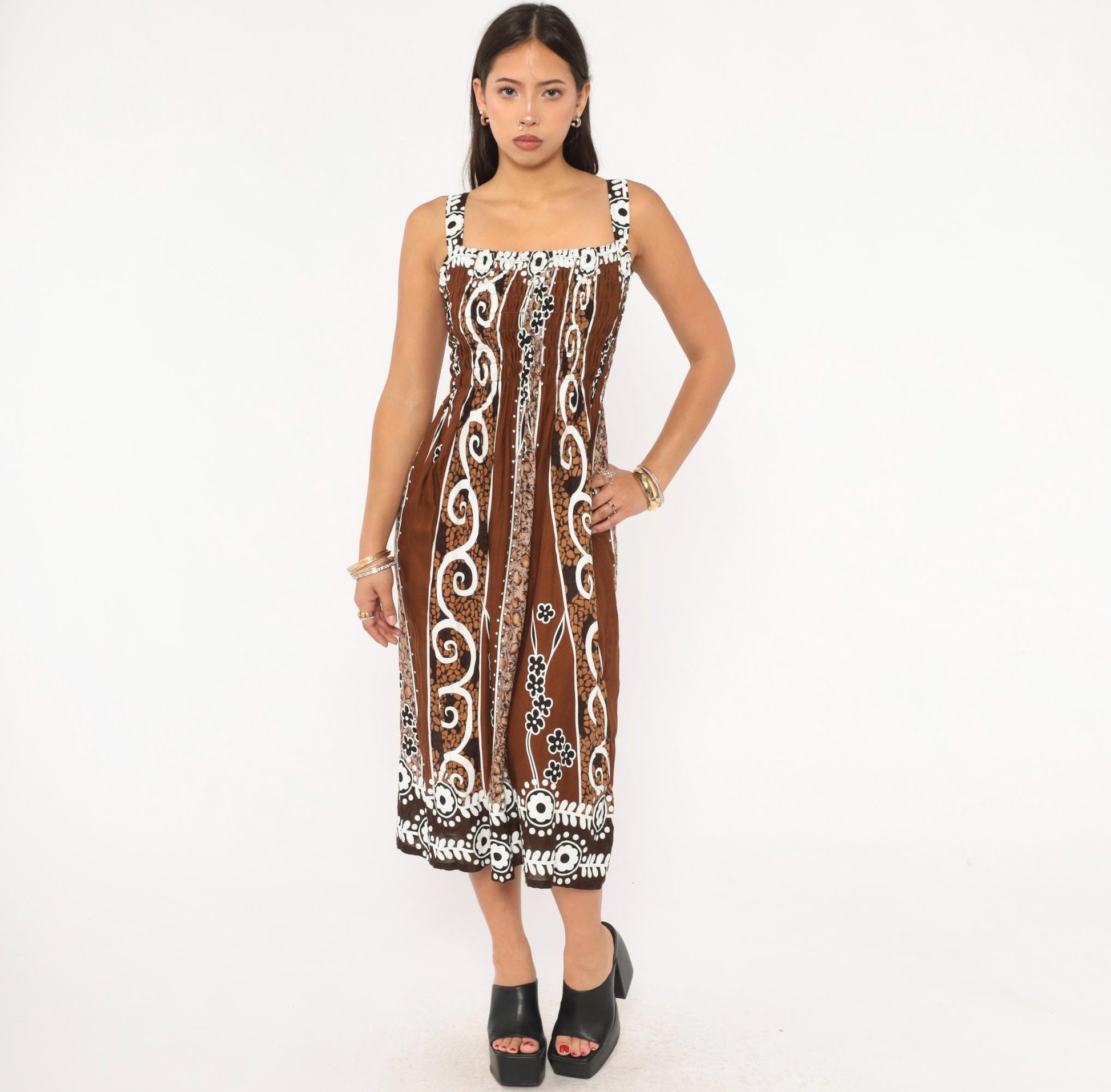2000s Batik Sundress Brown White Floral Square Neck Cutout Small Medium