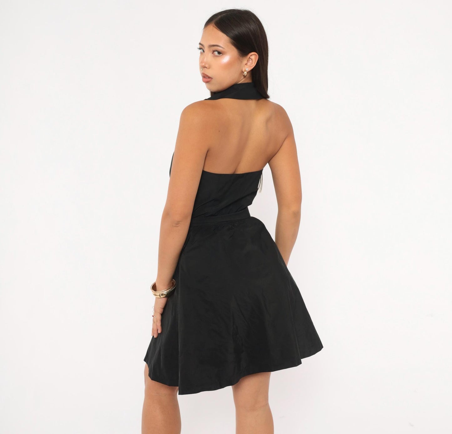 Calvin Klein Halter Mini Dress Black Button Front Open Back Tie Waist Extra Small XS