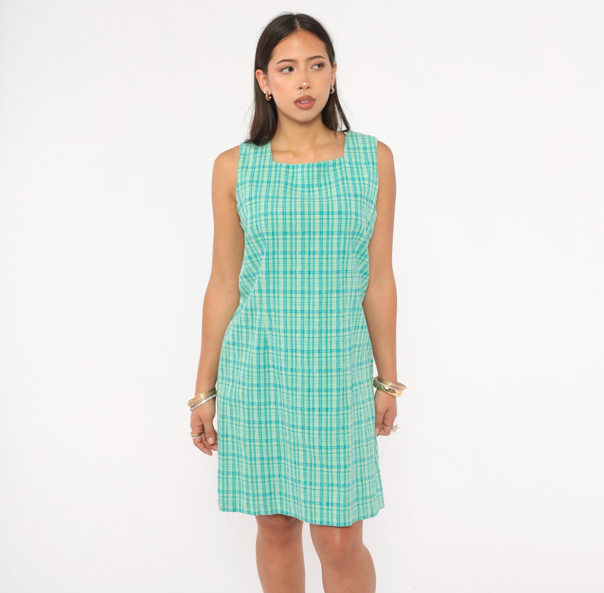 90s Elliott Lauren Plaid Shift Dress Aqua Green Check Square Neck Large L