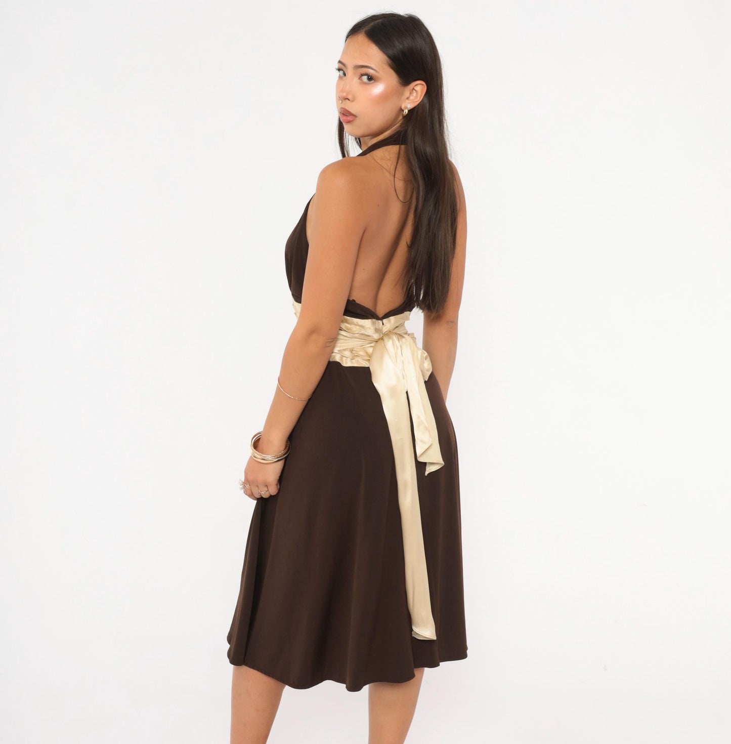 Maggy London Chocolate Halter Dress Silk Sash Deep V Open Back Knee Length Medium