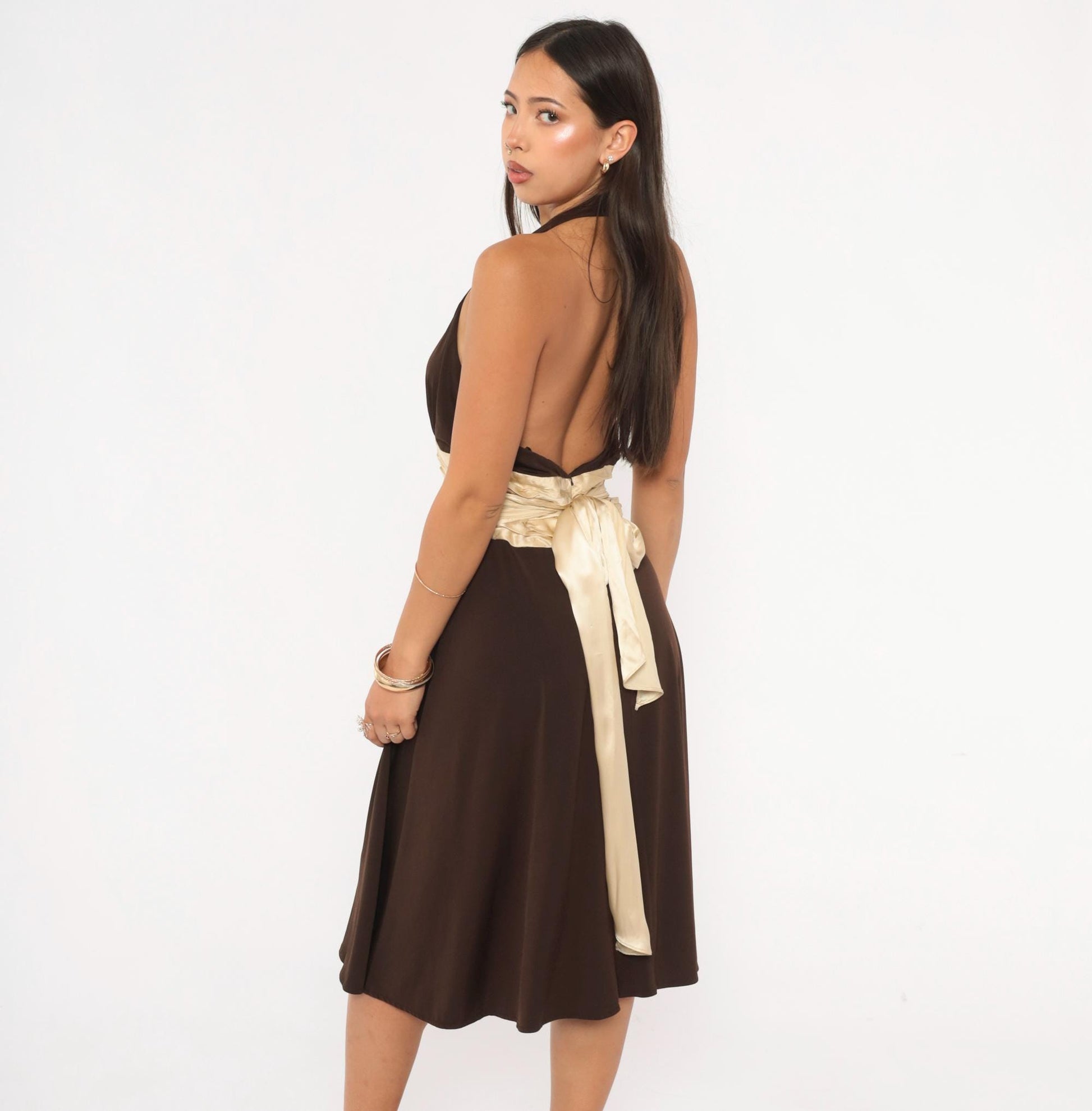 Maggy London Chocolate Halter Dress Silk Sash Deep V Open Back Knee Length Medium