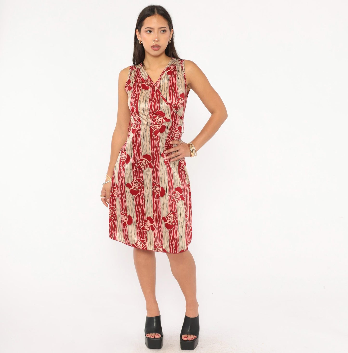 90s YS USA Rose Floral Dress Red Cream V Neck A Line Knee Length Small