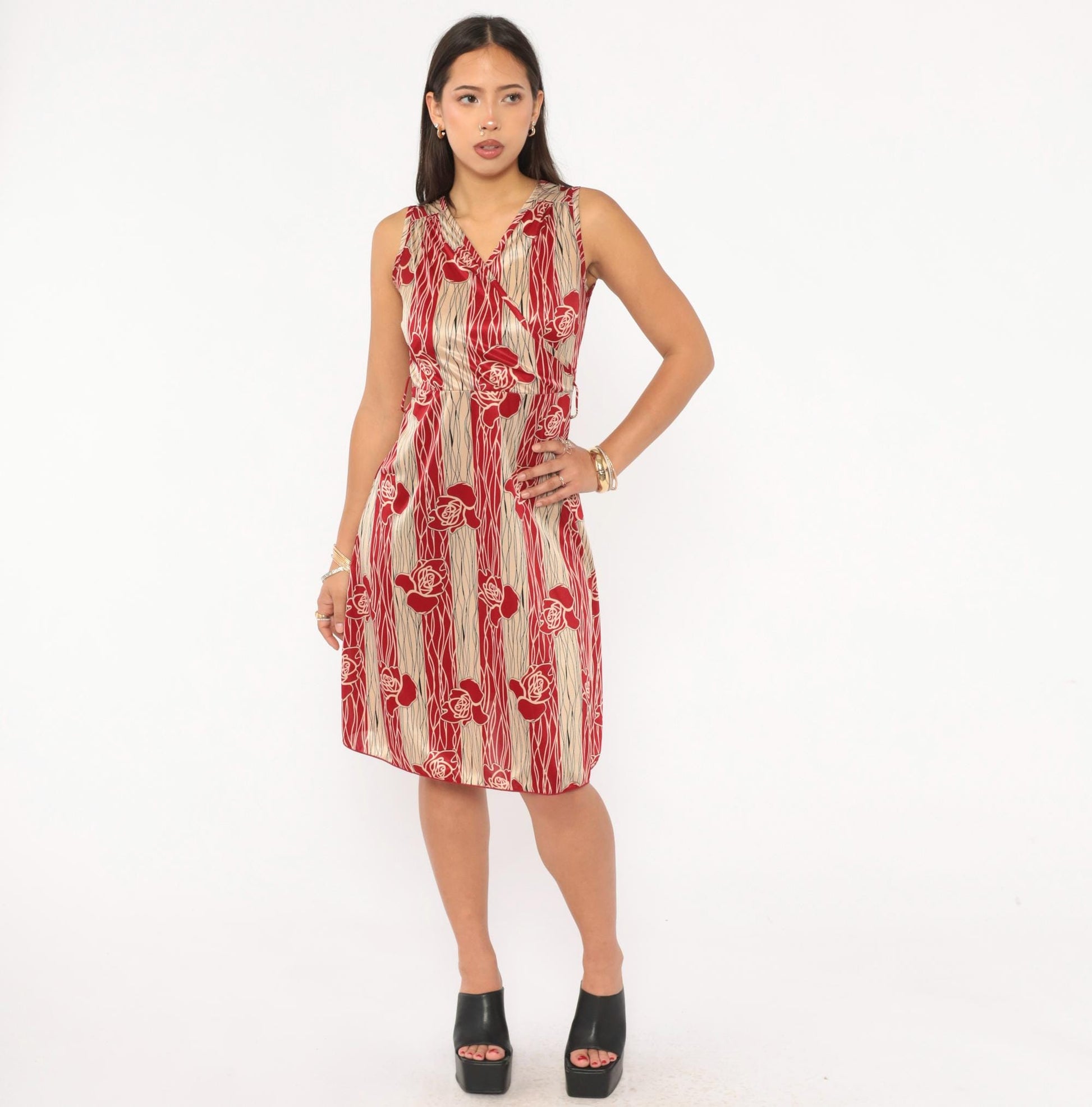 90s YS USA Rose Floral Dress Red Cream V Neck A Line Knee Length Small