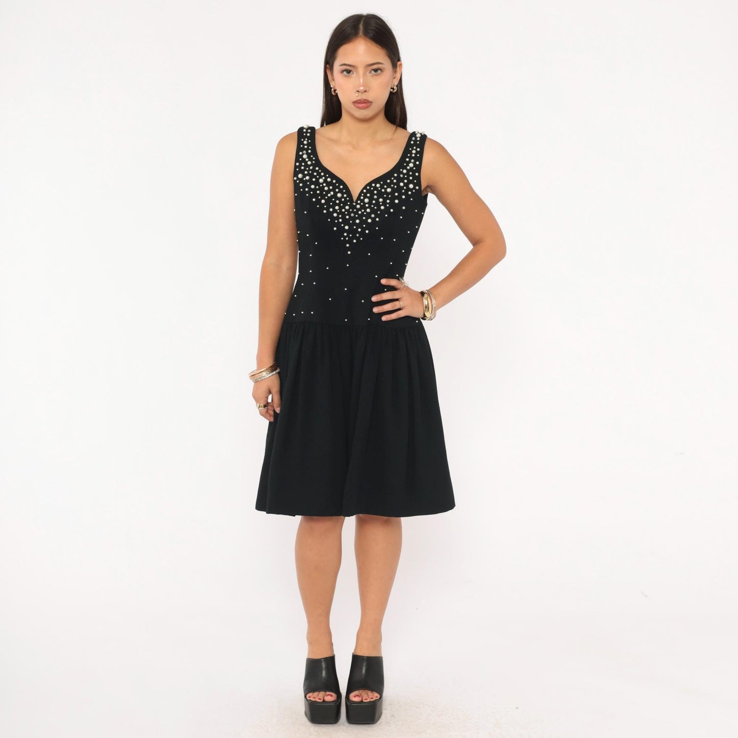 80s Morton Myles Black Pearl Beaded Sweetheart Neckline Cocktail Dress Medium