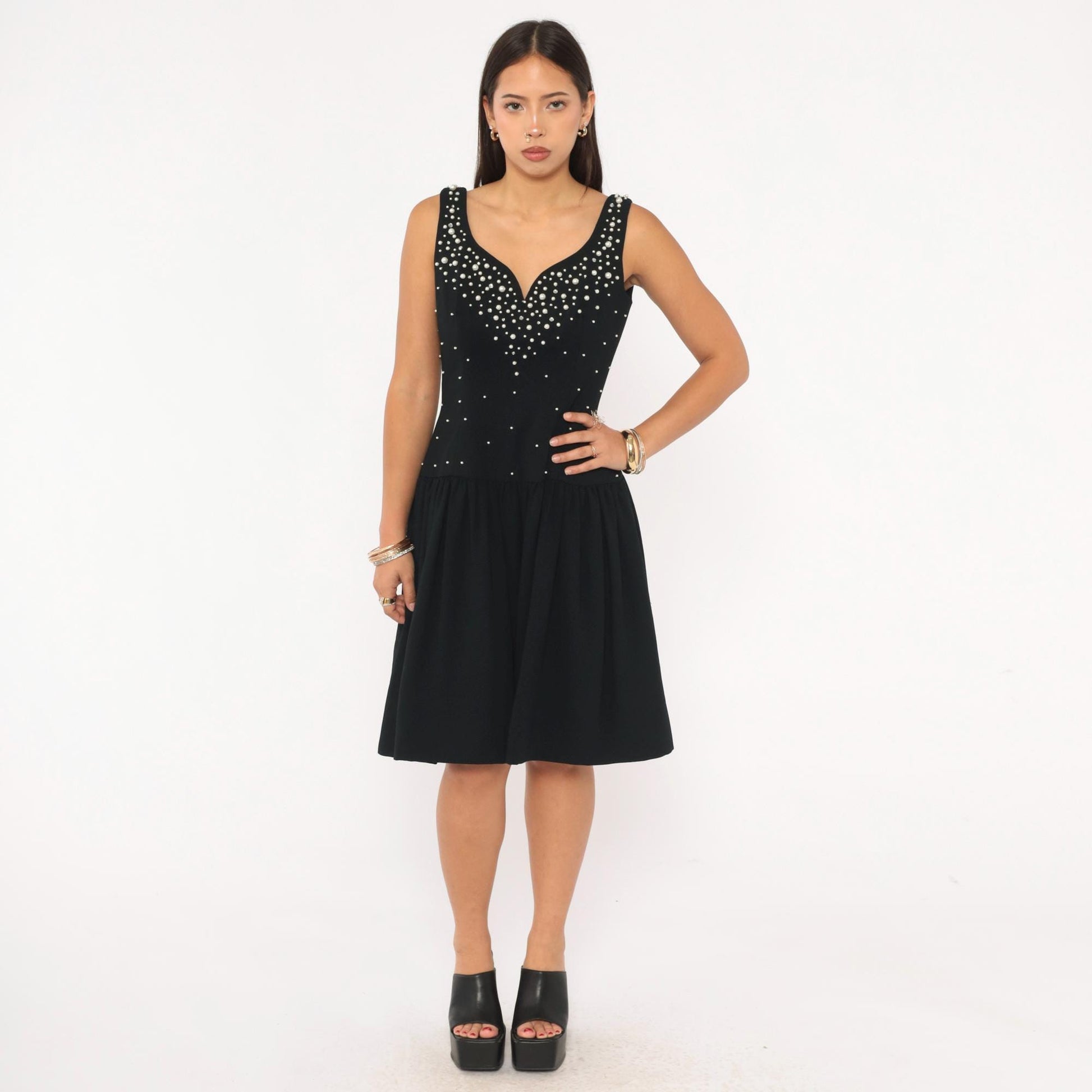 80s Morton Myles Black Pearl Beaded Sweetheart Neckline Cocktail Dress Medium
