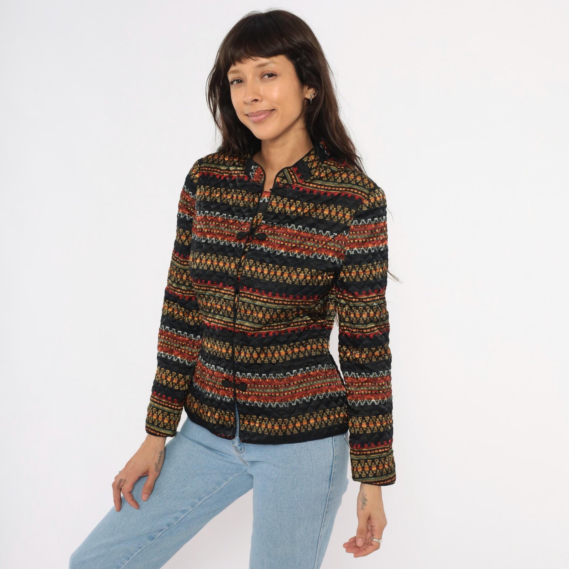 90s Juno Esque Quilted Jacket Mandarin Collar Tribal Stripe Black Gold Red Small