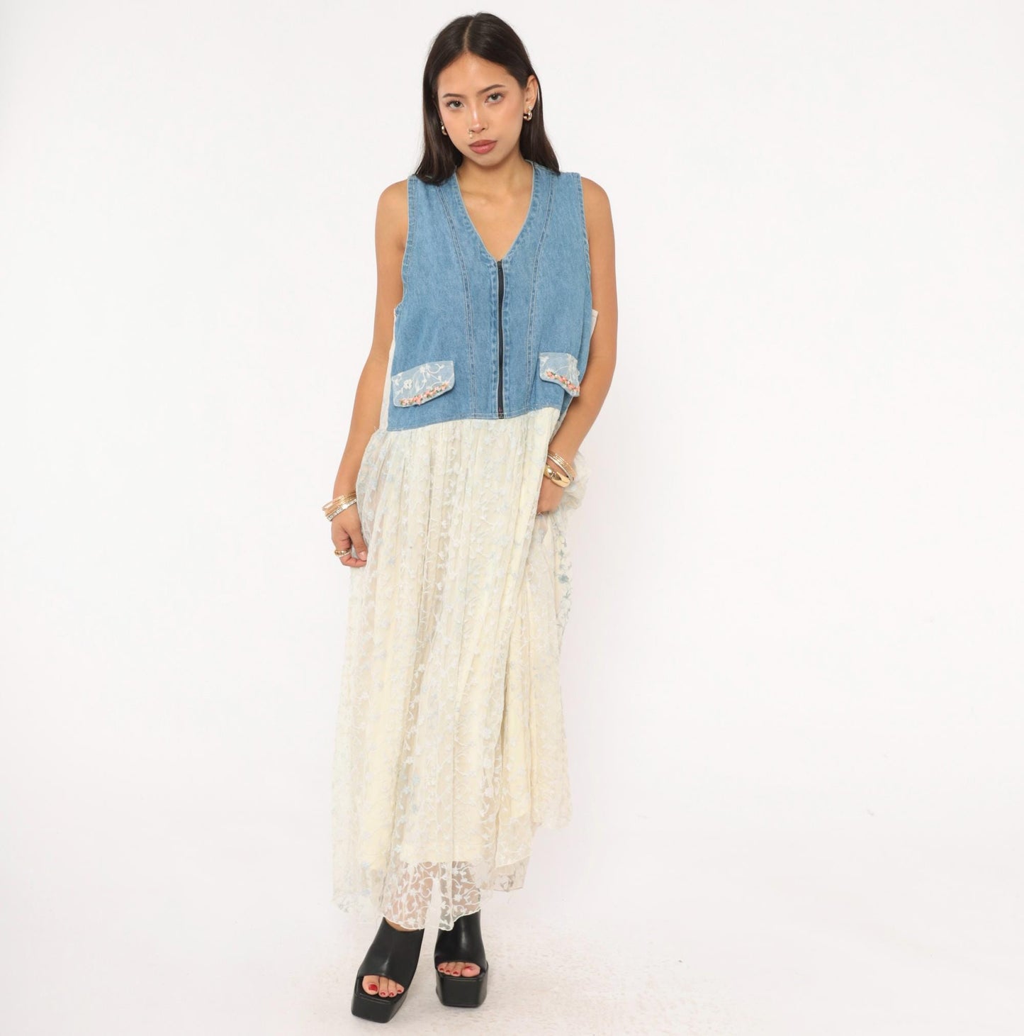 90s Modelle Designs Denim Lace Maxi Dress Sleeveless V Neck Floral Embroidered Cream Large L