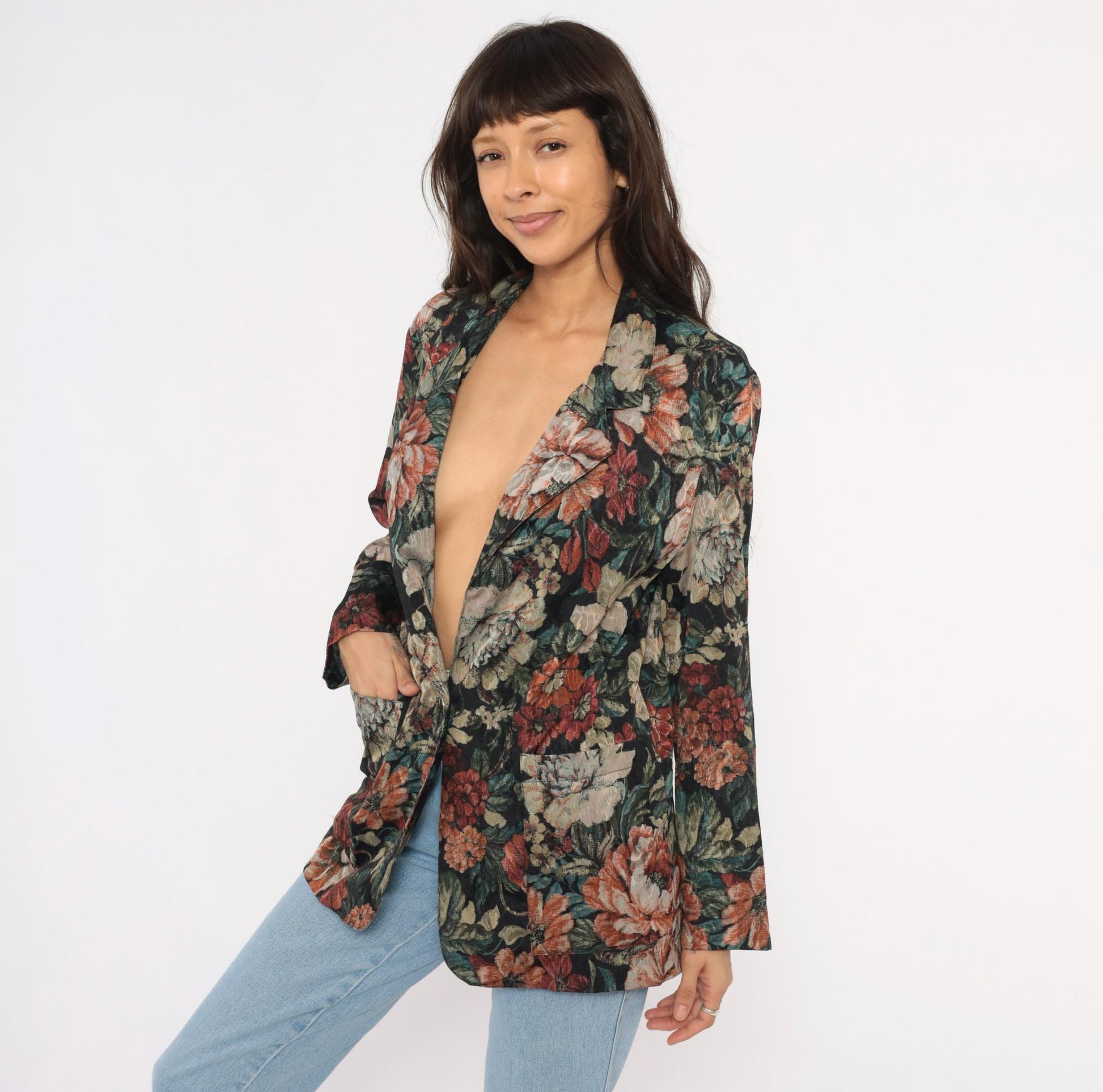 90s Laura Tyler Floral Blazer Black Botanical Jacquard Medium M