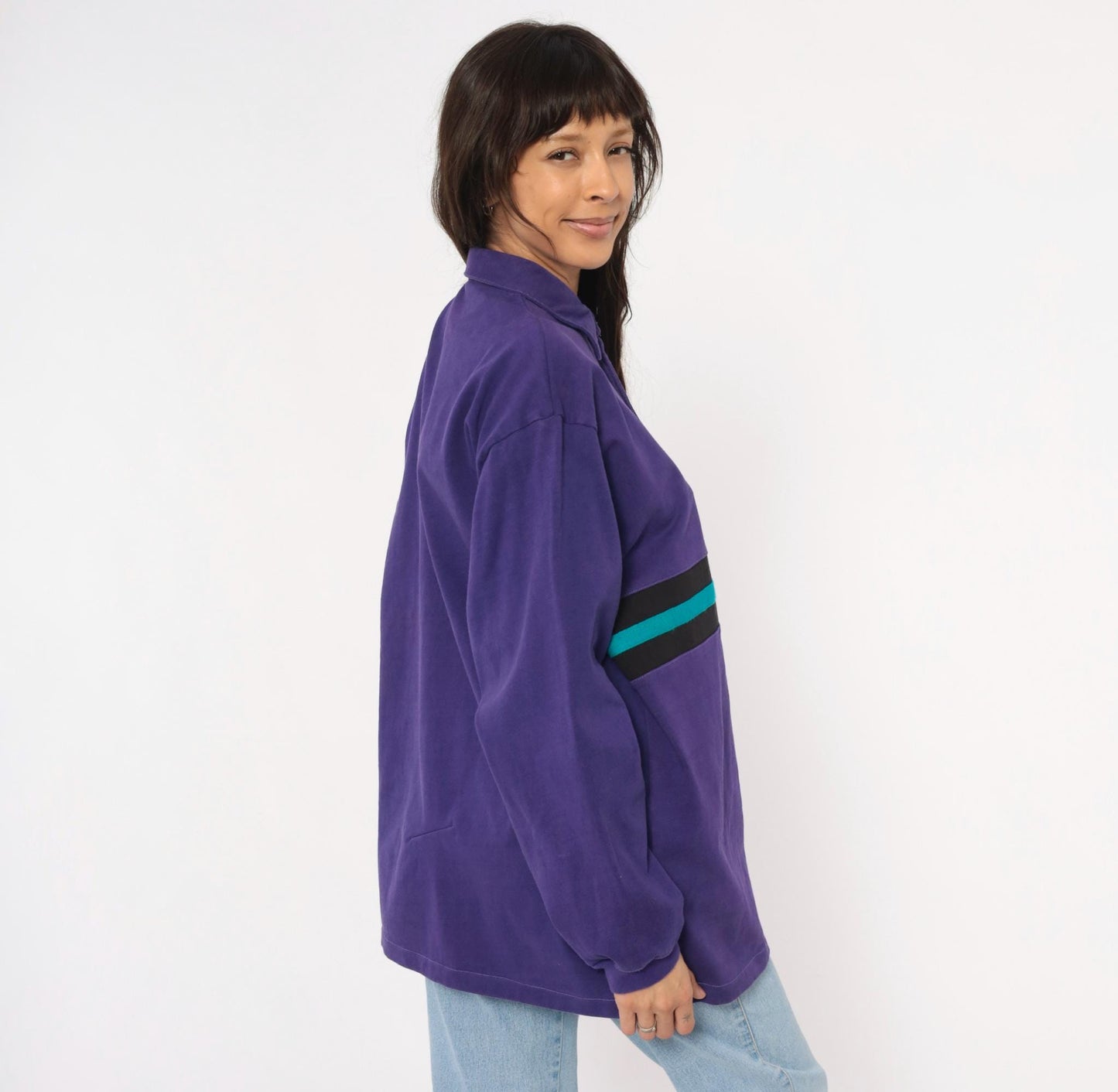 90s Billion Bay Rugby Polo Purple Teal Black Stripe Colorblock Medium