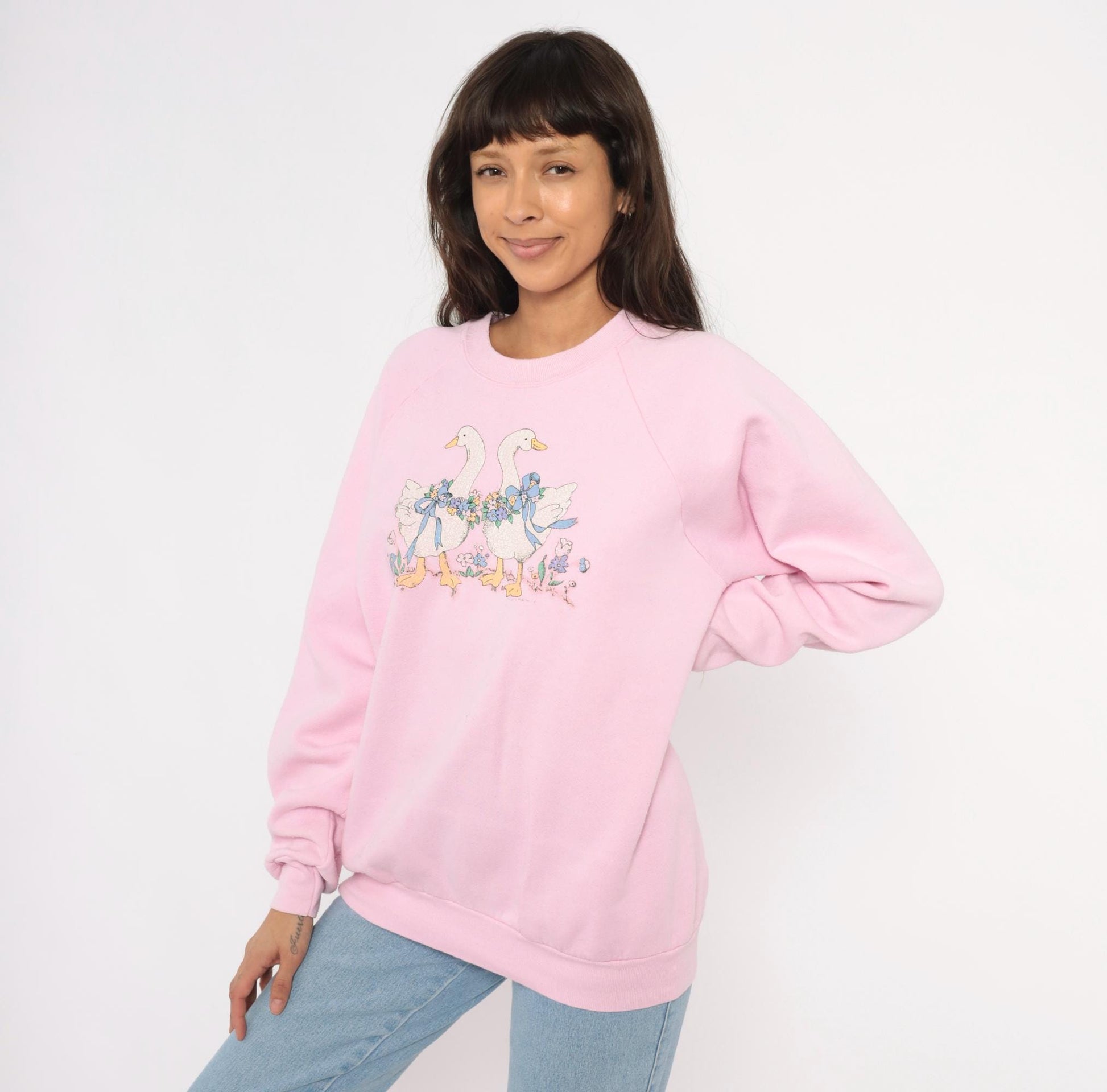 90s Pink Geese Crewneck Sweatshirt Raglan Sleeve Floral Graphic Cotton Large L