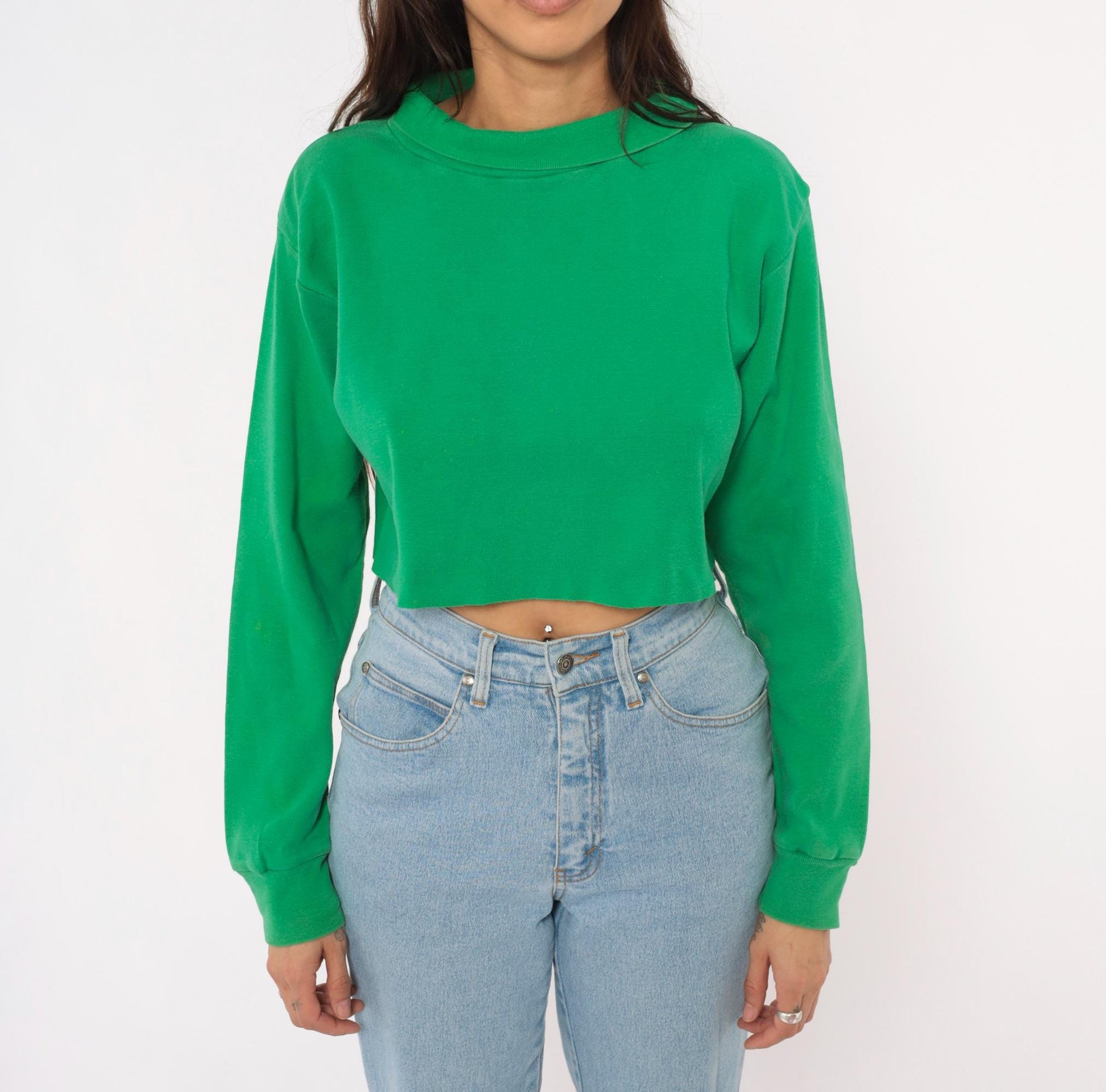 70s Flight Deck Crew Cropped Sweatshirt Kelly Green Cotton Pullover Medium