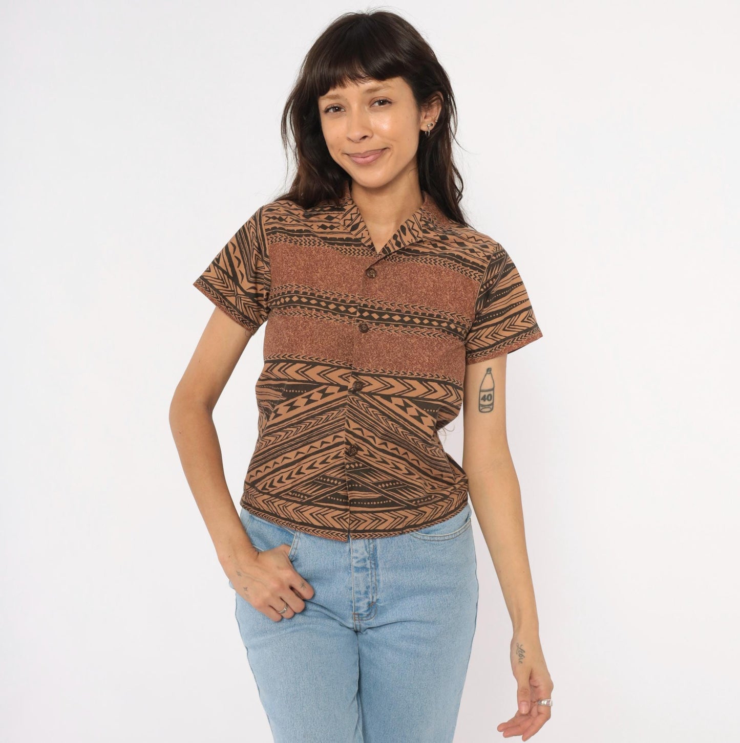 90s Tribal Print Button Camp Collar Shirt Brown Black Geometric XXS
