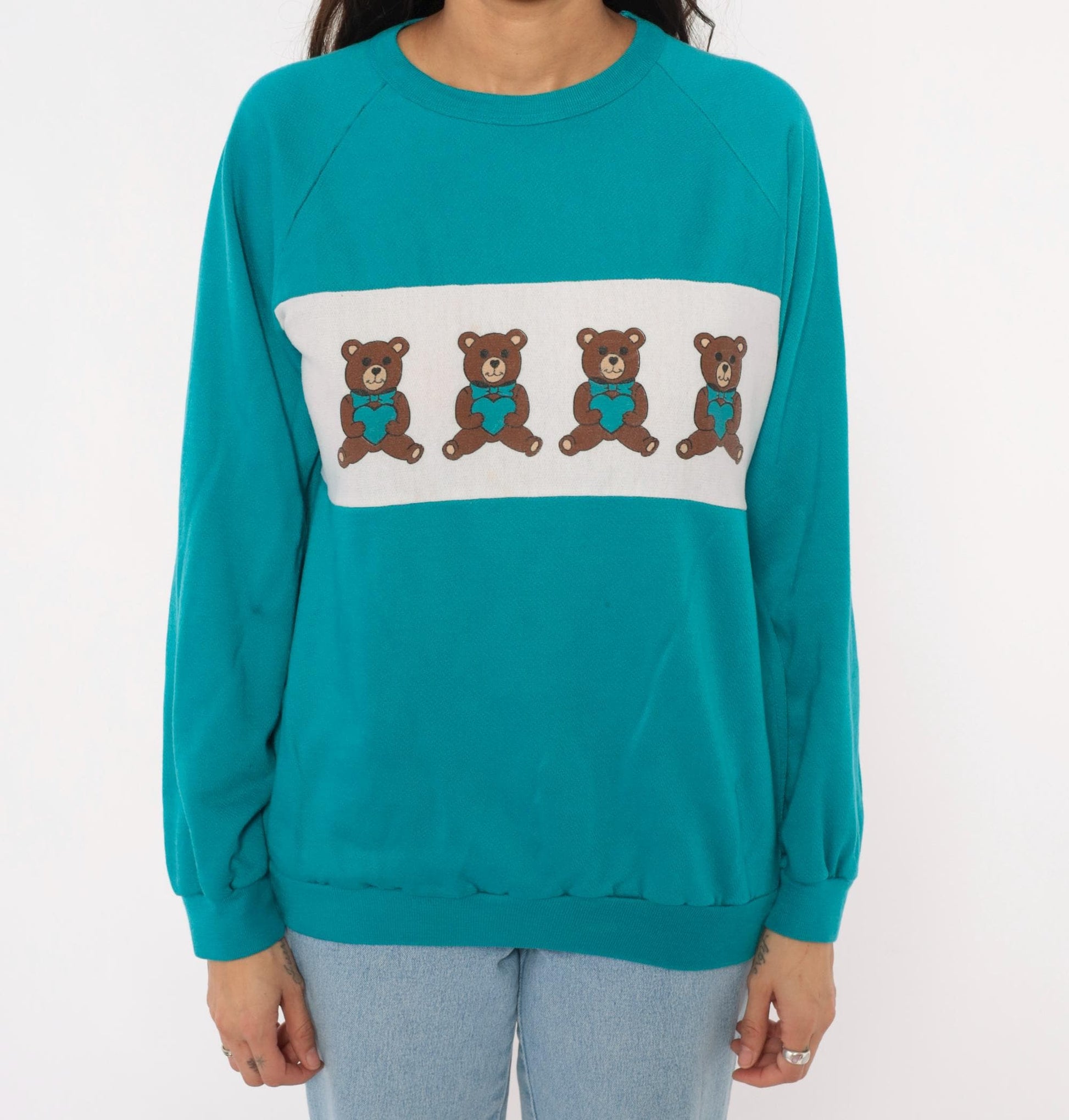 90s Teddy Bear Teal Crewneck Sweatshirt White Colorblock Raglan Medium
