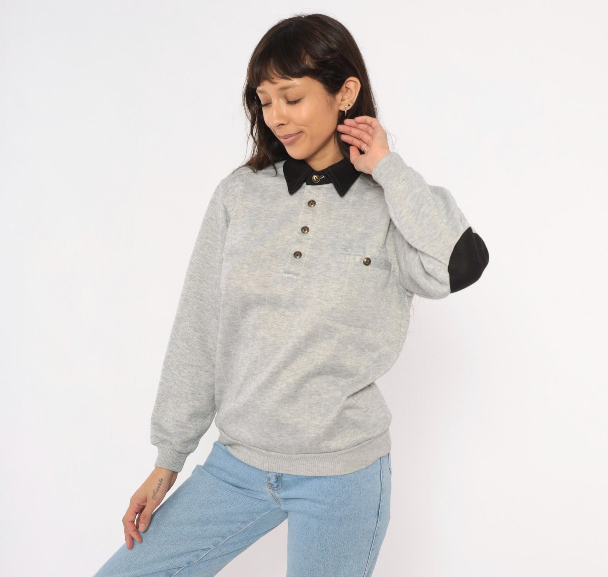 90s Scandia Woods Henley Sweatshirt Black Collar Elbow Patch Grey Small