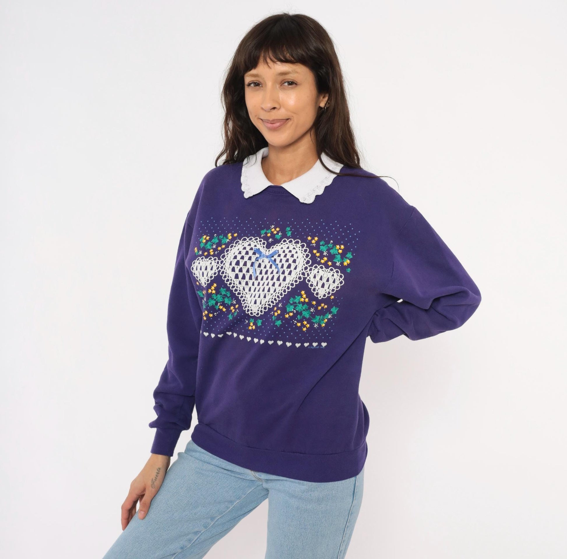90s PegiGoff Purple Sweatshirt Peter Pan Collar Lace Heart Floral Medium M